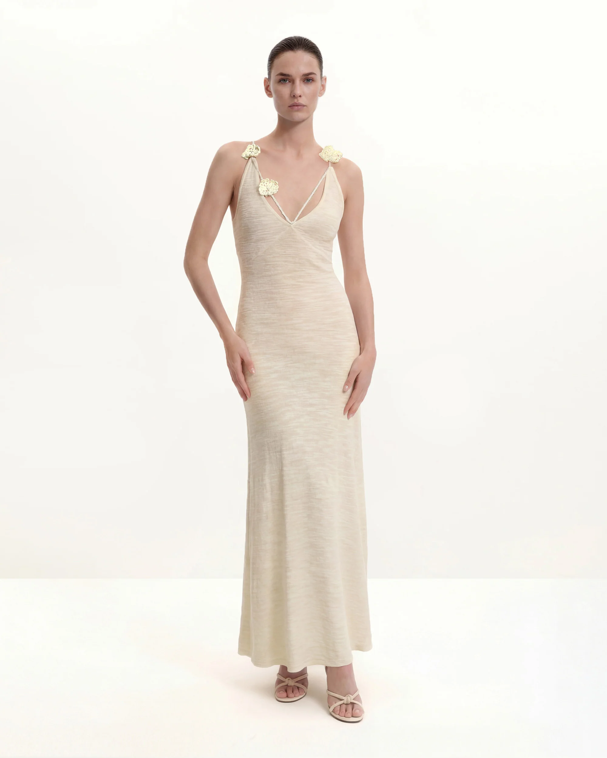 Textured Knit Halter Maxi Dress - Cream