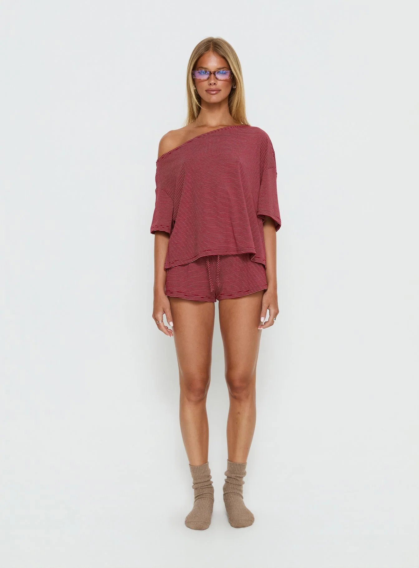 Sugar Surge Off Shoulder Sleep Top Cherry Stripe