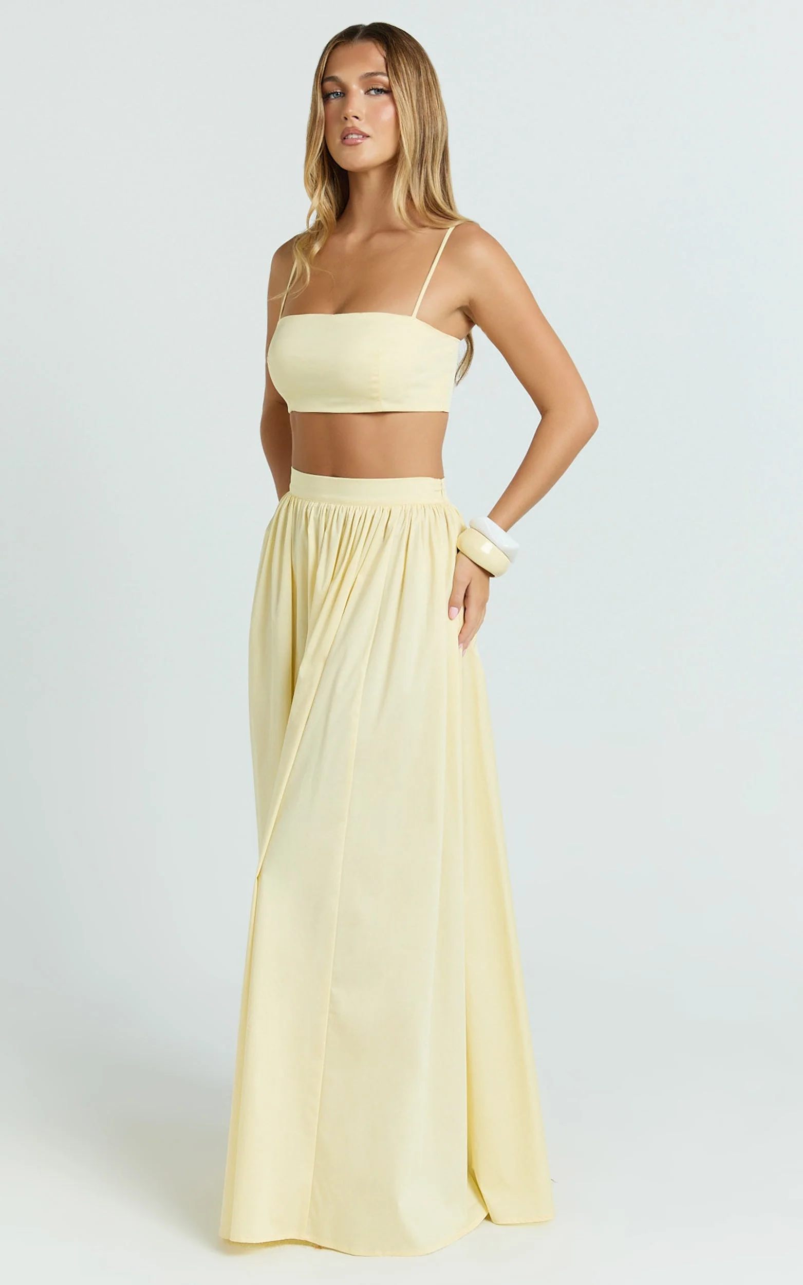Tegan Two Piece Set - Straight Neck Micro Crop Top and A Line Maxi Skirt Set in Butter Yellow - luluinthesky