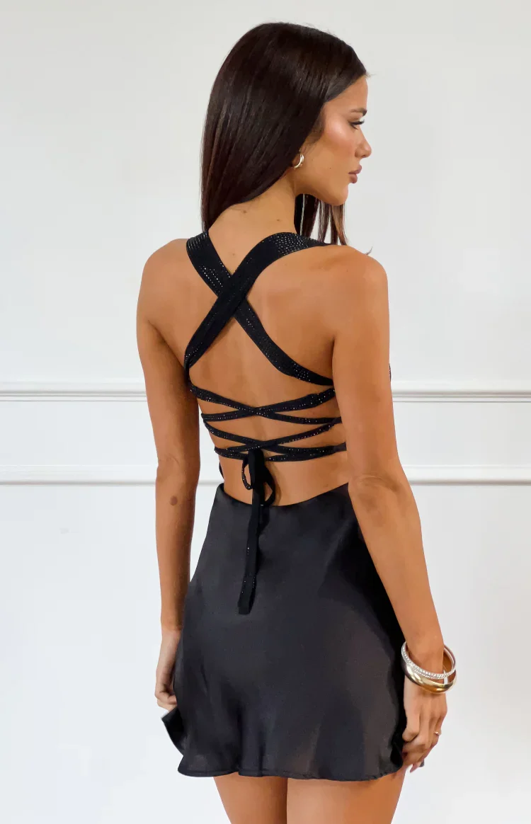 Jazzy Black Contrast Rhinestone Mini Dress