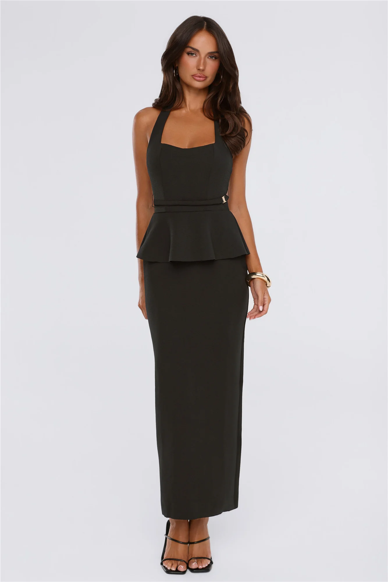 Own The Room Peplum Halter Maxi Dress Black