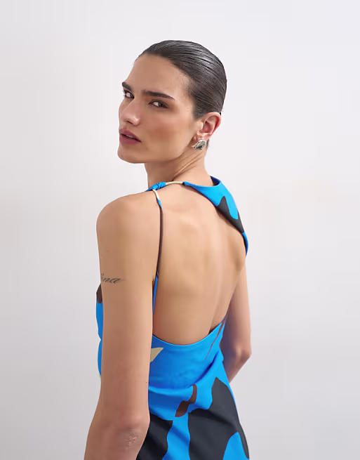 Topshop linen look open back mini dress in bold blue abstract print