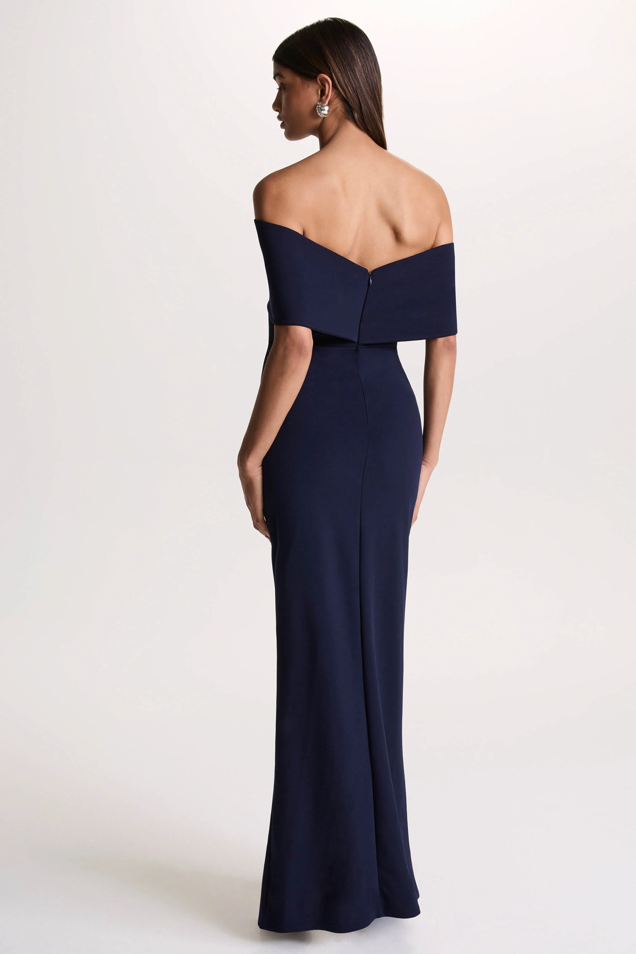 Eva | Navy Bardot Bow Detail Maxi Dress With Thigh Split