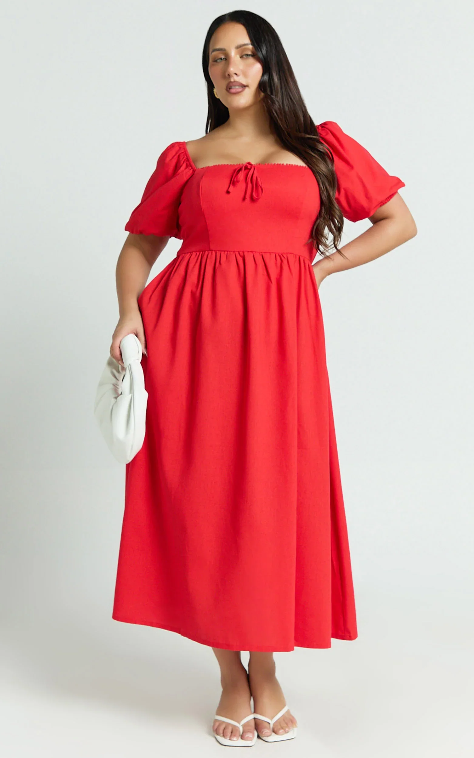 Quinn Midi Linen Blend Dress - Puff Sleeve Square Neck Dress in Red