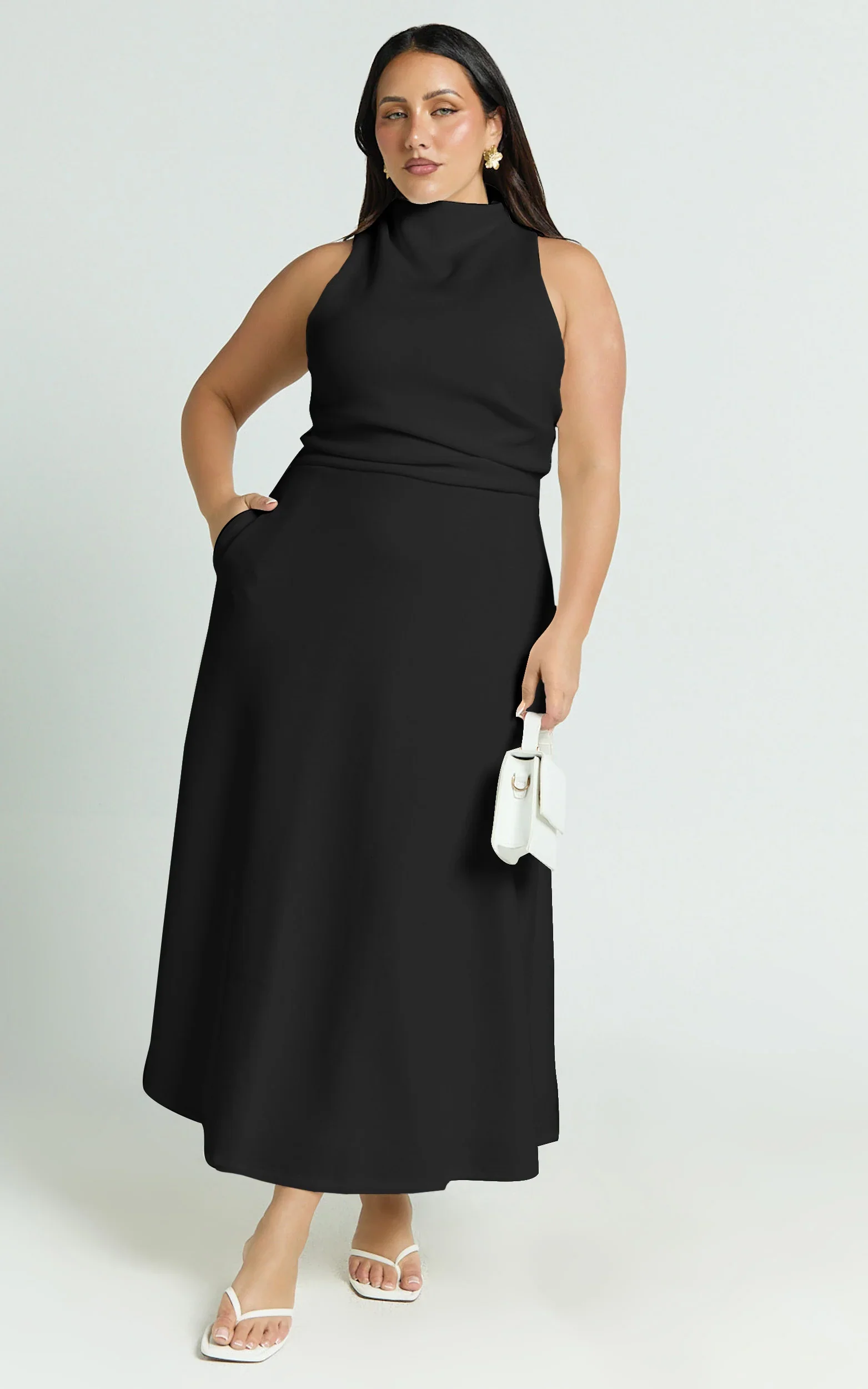 Macy Midi Dress - High Neck A Line Dress in Black