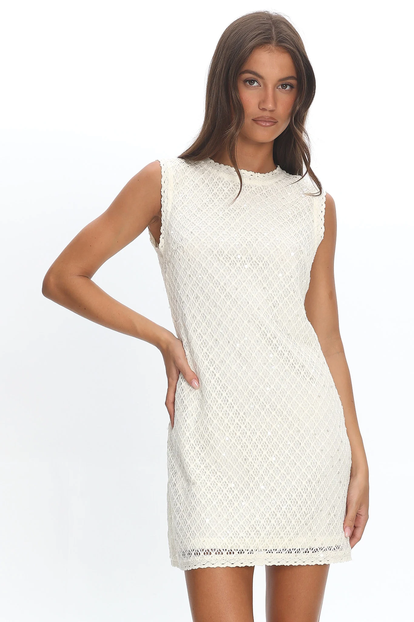 Alvena Crochet Lace Shift Dress Sequin White
