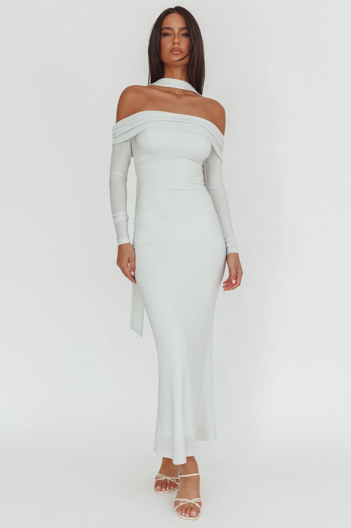Flutters Off-Shoulder Long Sleeve Maxi Dress White