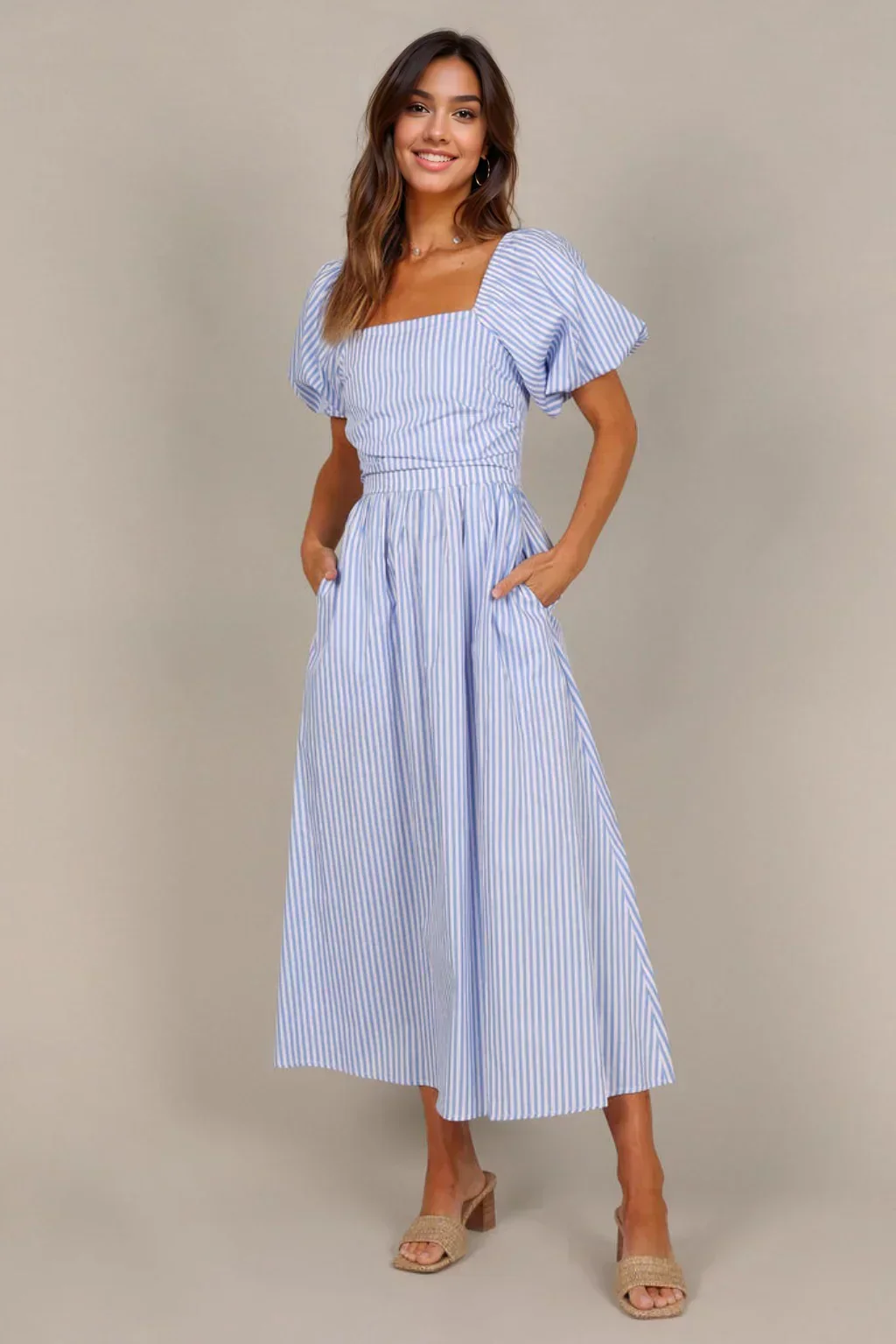 Clo Puff Sleeve Maxi Dress - Blue Stripe - luluinthesky
