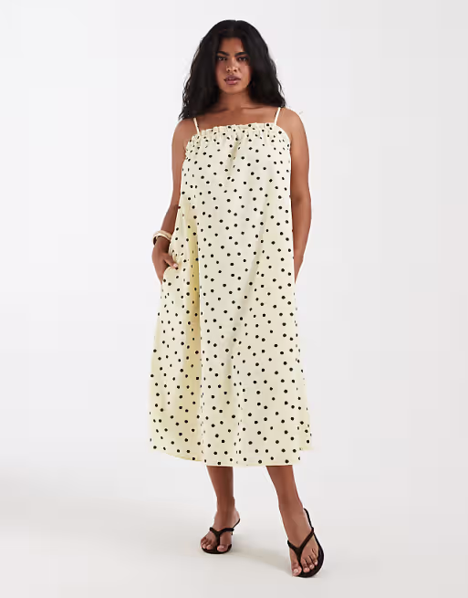 PIECES Curve cotton cami maxi dress in yellow and brown polka dot print
