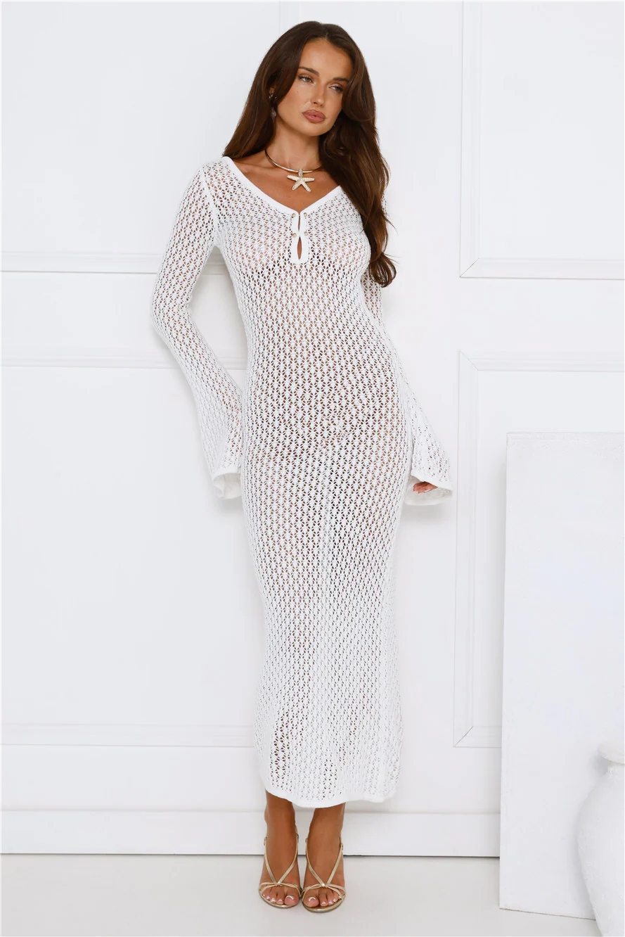 Sailing Into Sunset Knit Long Sleeve Maxi Dress White - luluinthesky