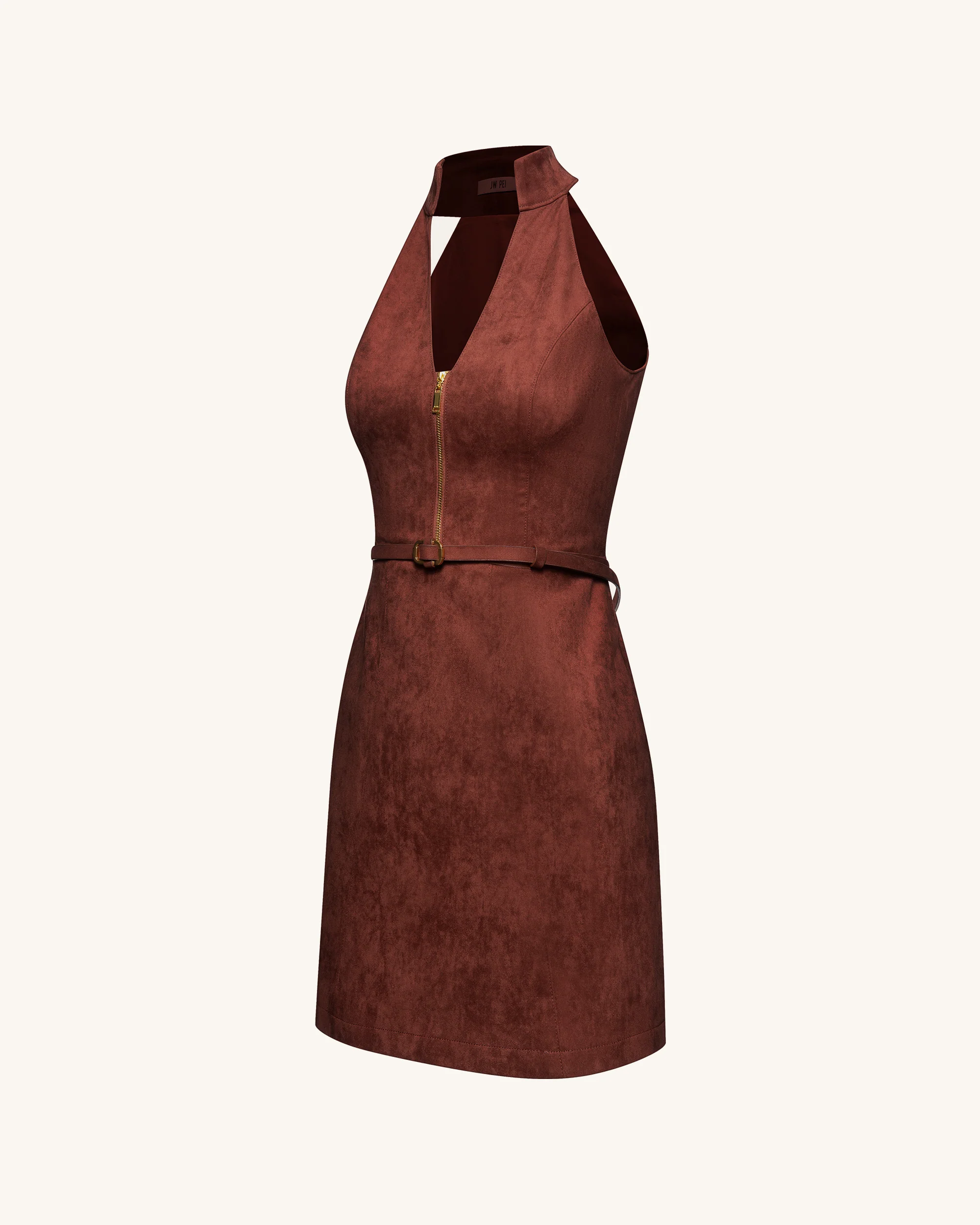 Faux Suede Halter Neck Zip-Front Mini Dress - Burgundy - FASHION NOB