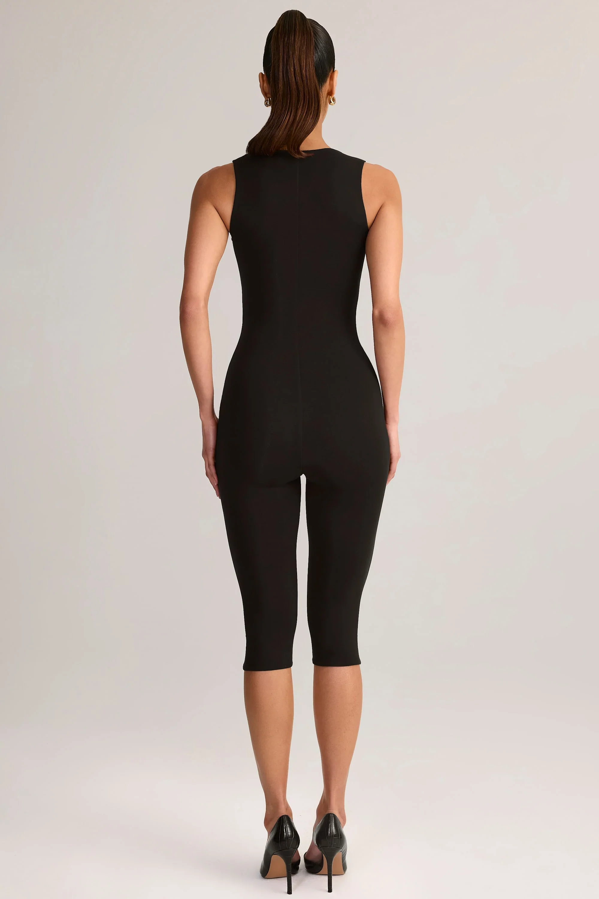 Modal Square-Neck Bodycon Capri Jumpsuit in Black