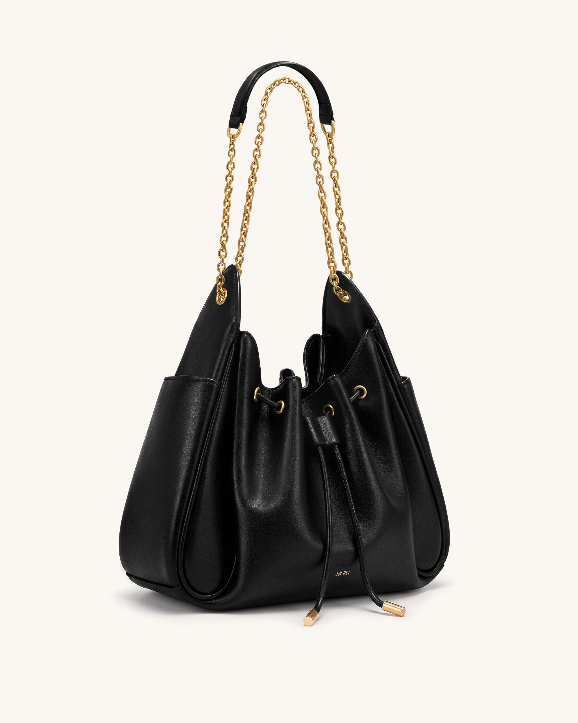 Rowan Ruched Drawstring Chain Bucket Bag - Black