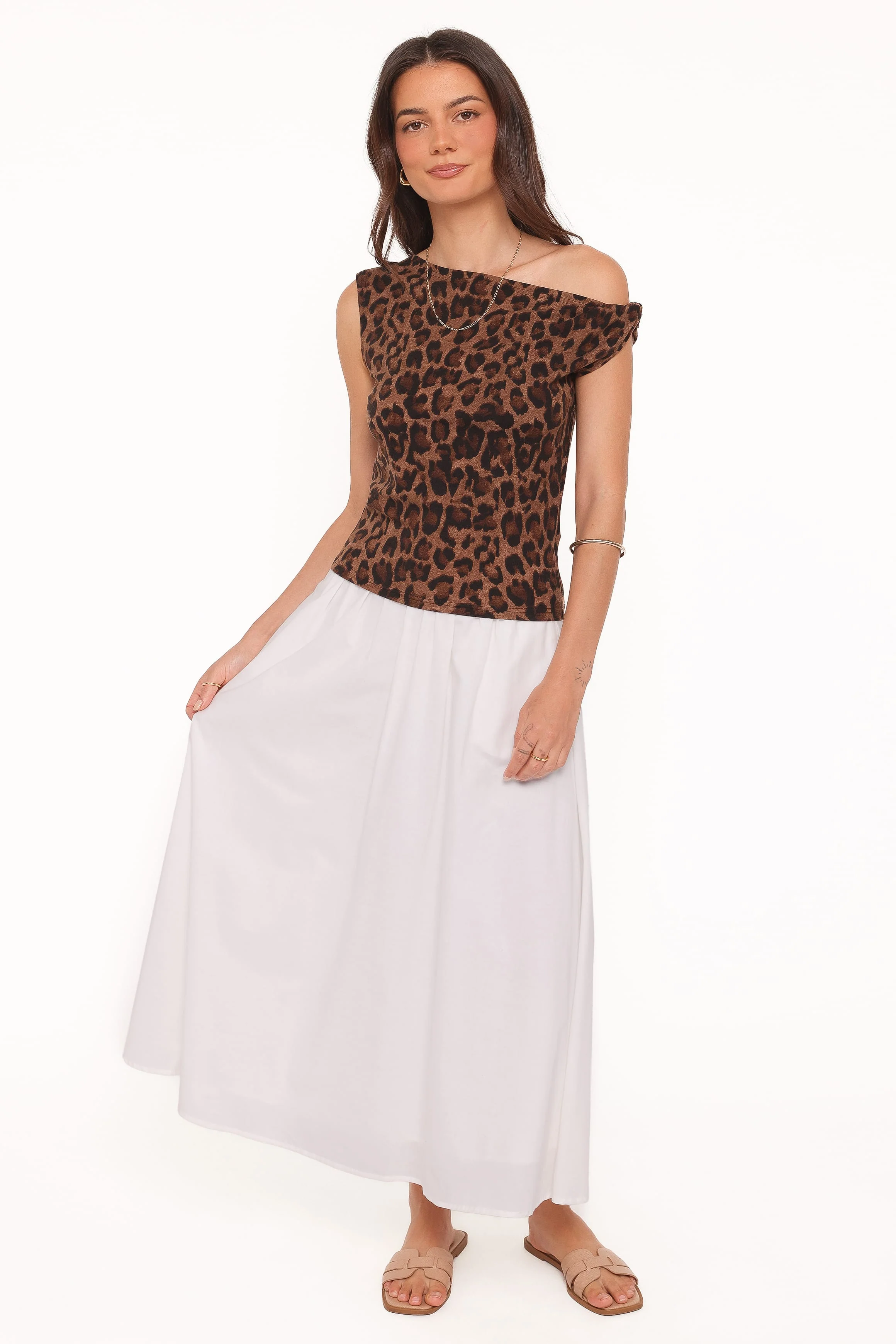 Maelis Twist Shoulder Mesh Top - Brown