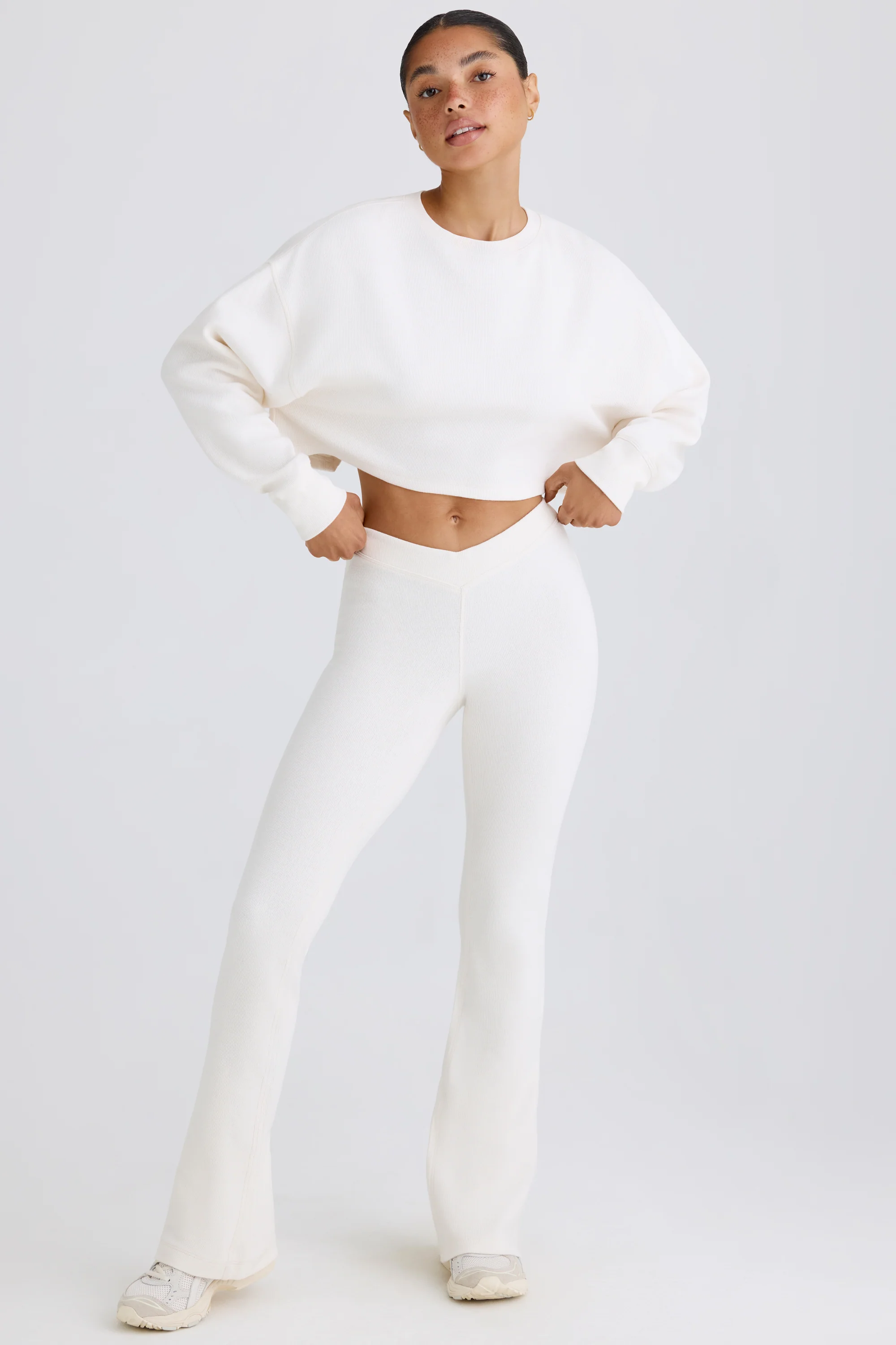 Textured Cotton Jersey Flared Trousers in White
