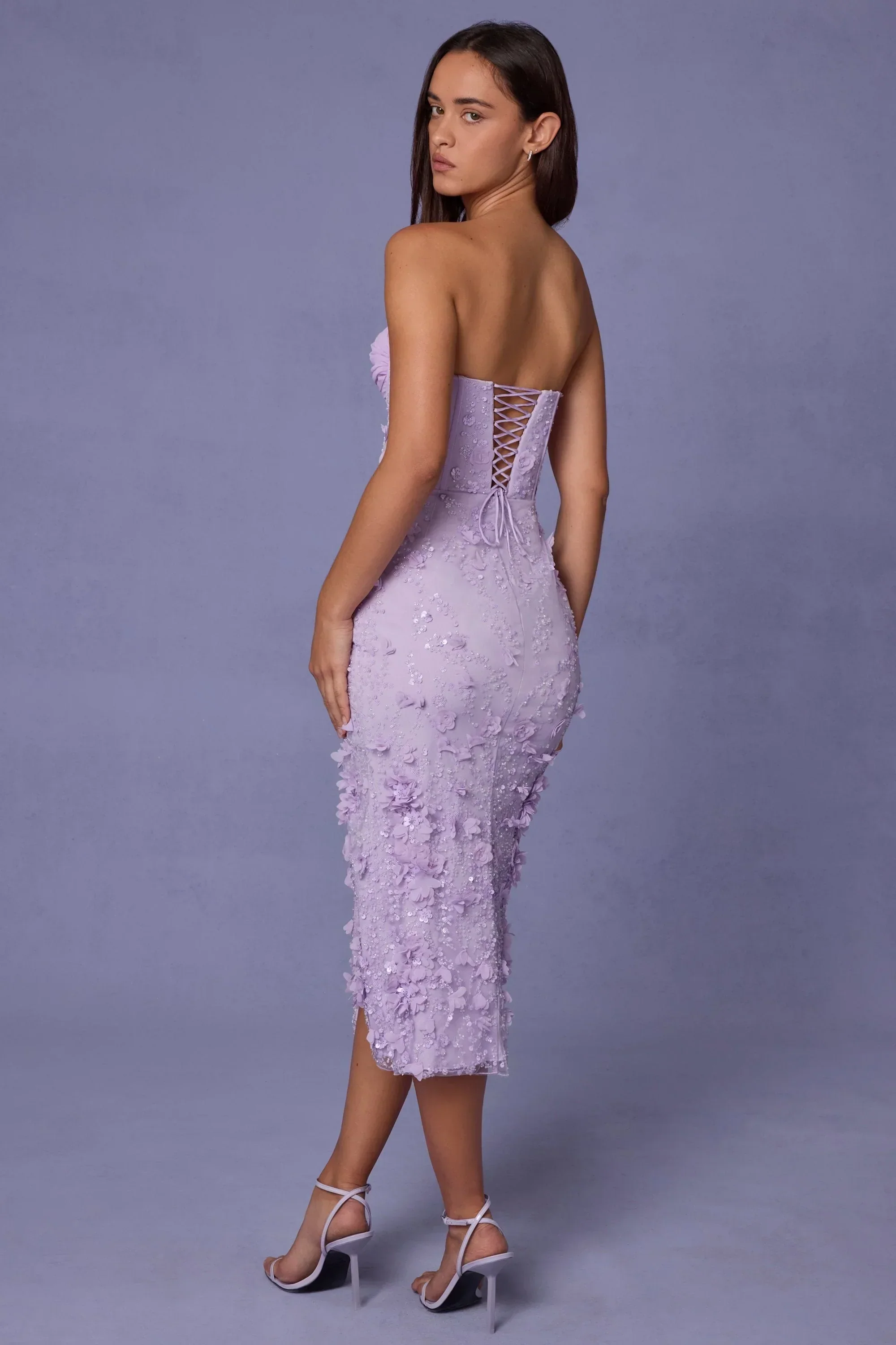 Lace-Up Corset Midaxi Dress With Split In Lilac