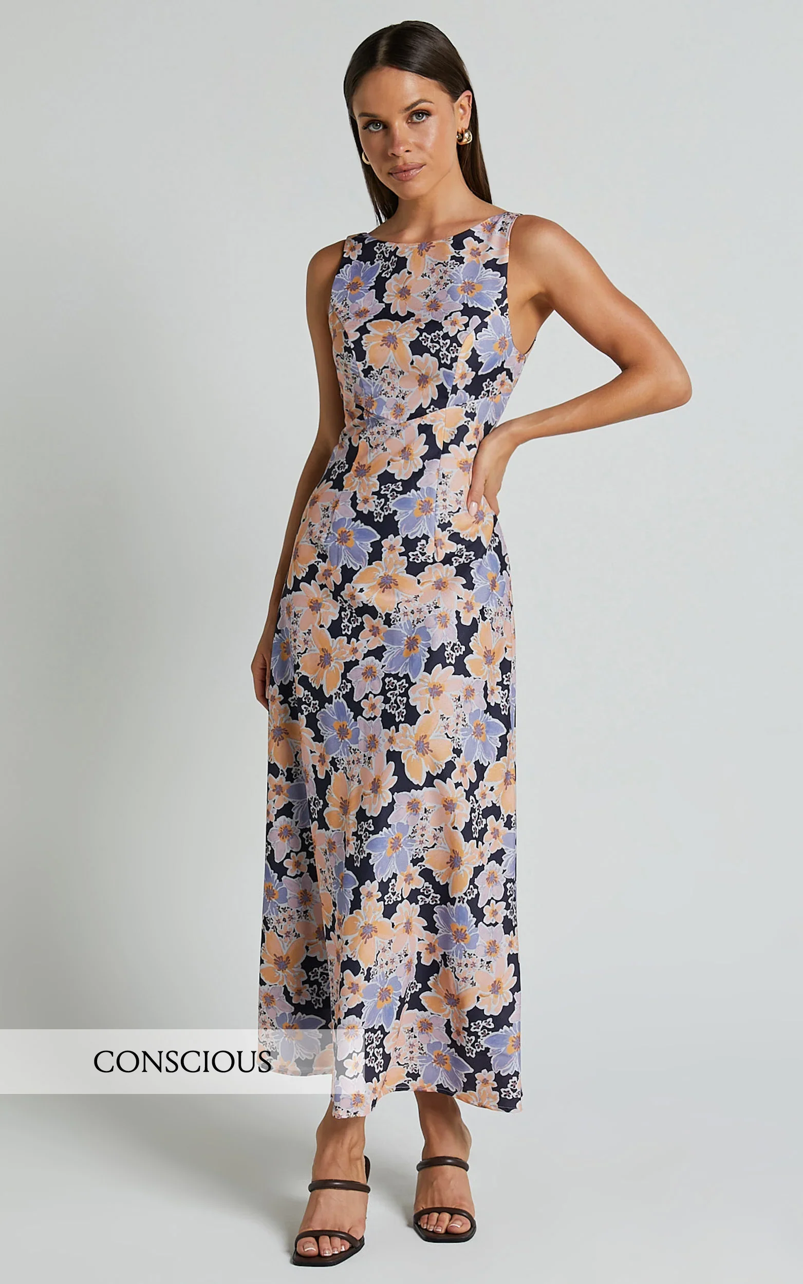 Jenibelle Midi Dress - Boat Neck Open Back Sleeveless Bias Cut Slip Dress in Mellow Floral