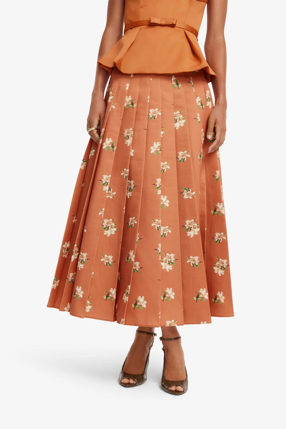 June Pleated Maxi Skirt - Lily Print in Ochre
