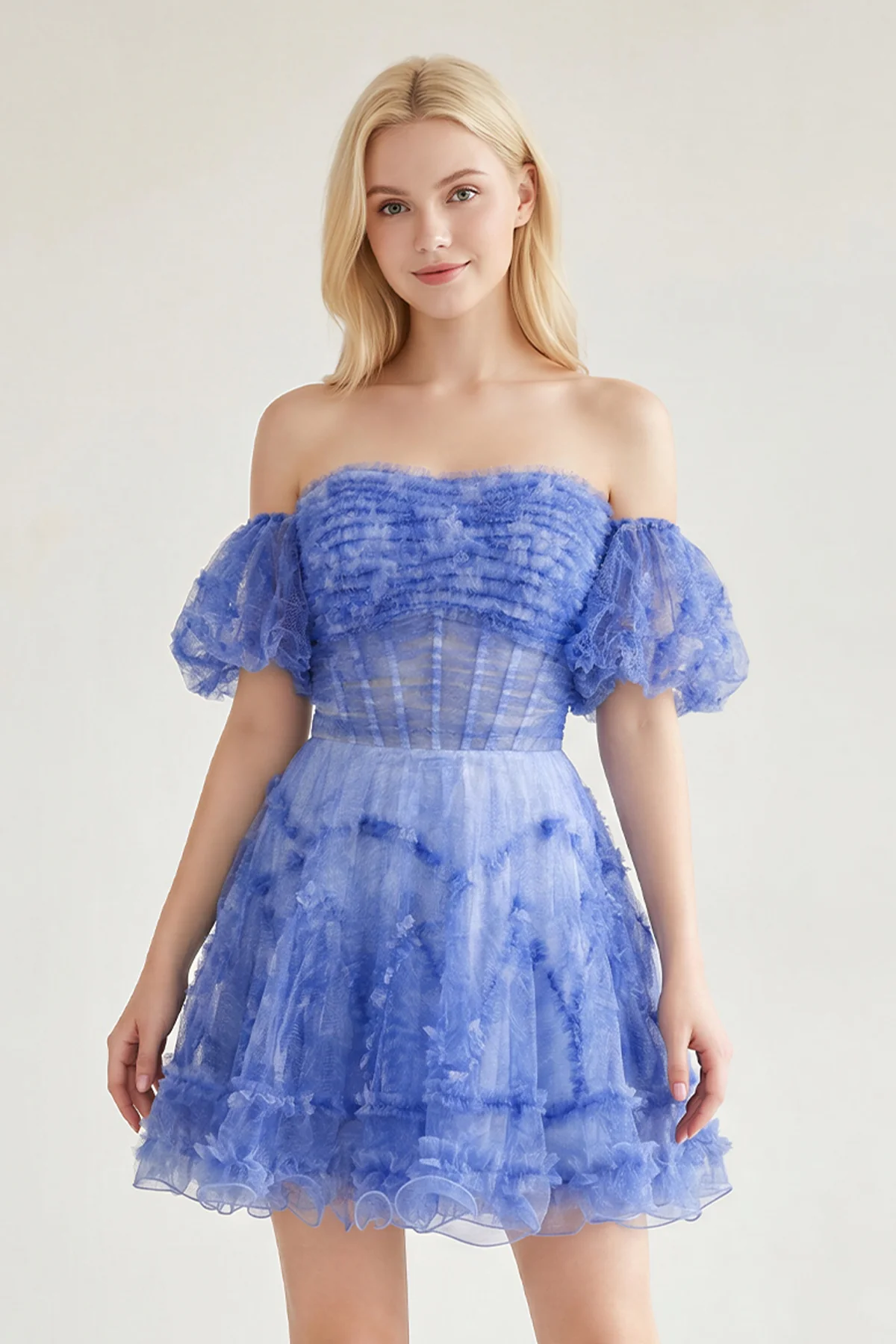 Blue Puff Sleeves Ruffles A-line Prints Homecoming Dress