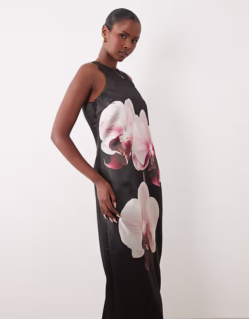 YAS placement orchid print satin racer maxi dress in black