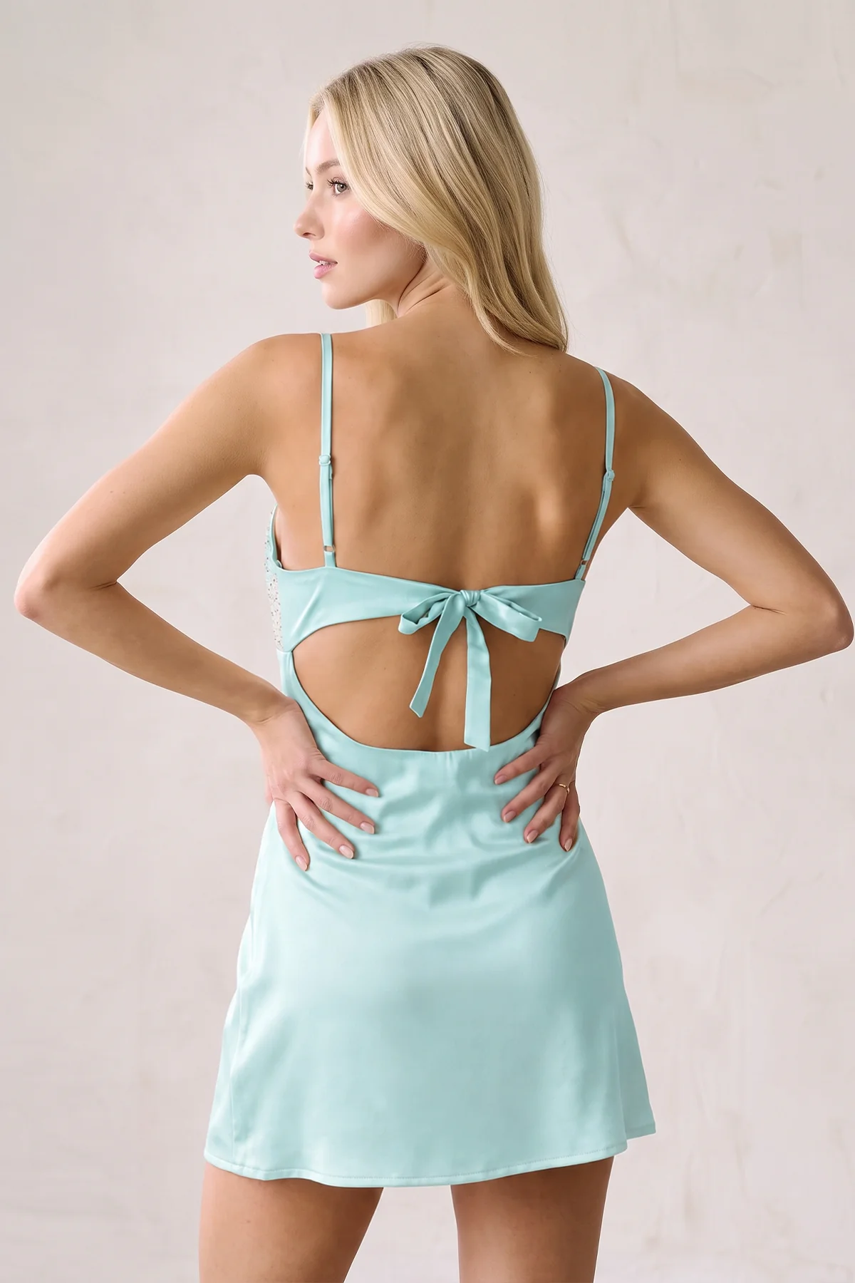 Champagne Spaghetti Straps Sheath Rhinestones Satin Homecoming Dress with Tie Back