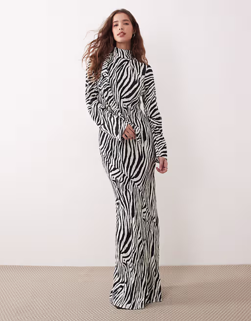 high neck scarf detail maxi dress in zebra print