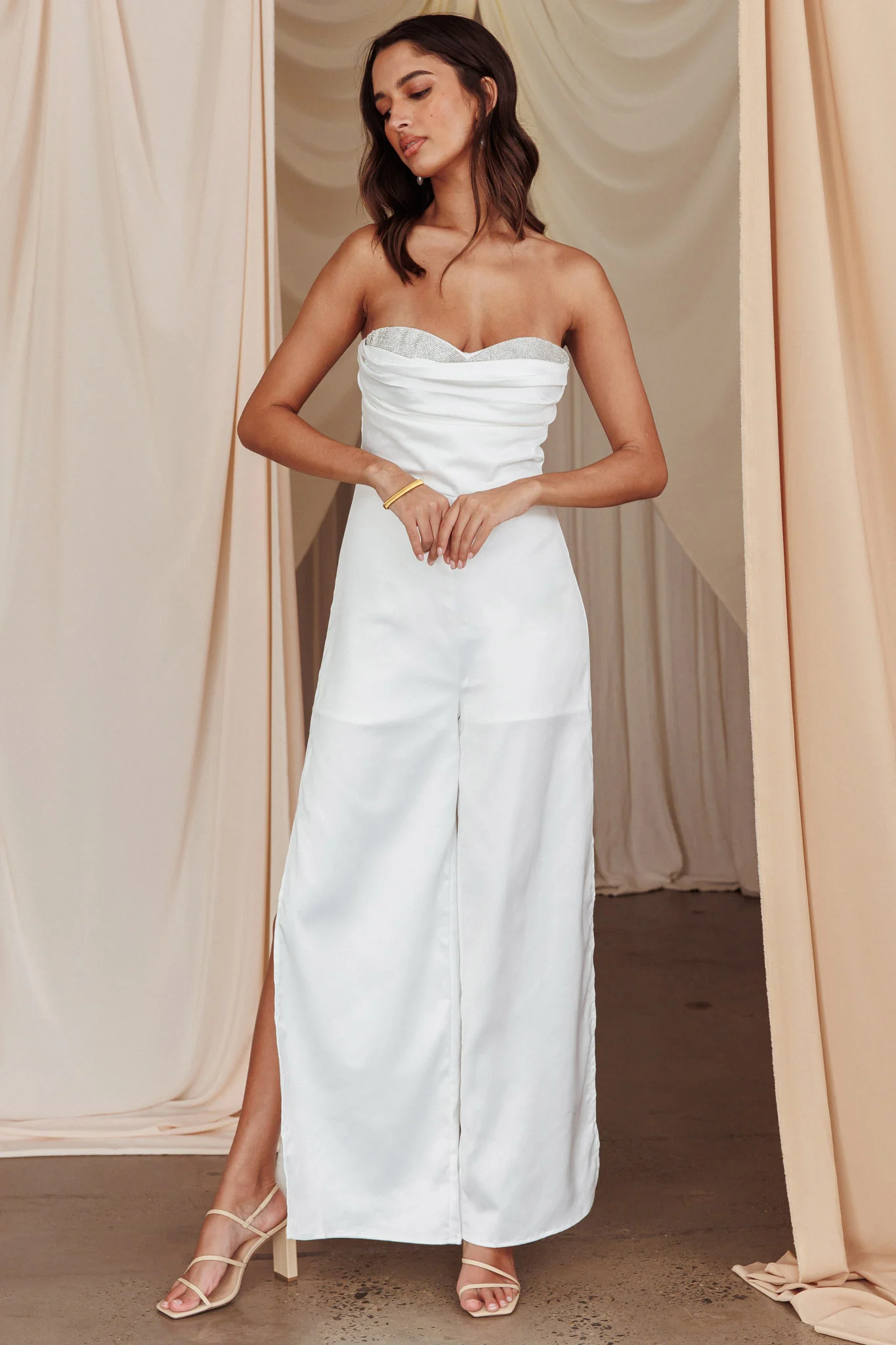 Get Together Side Split Sweetheart Jumpsuit Off White