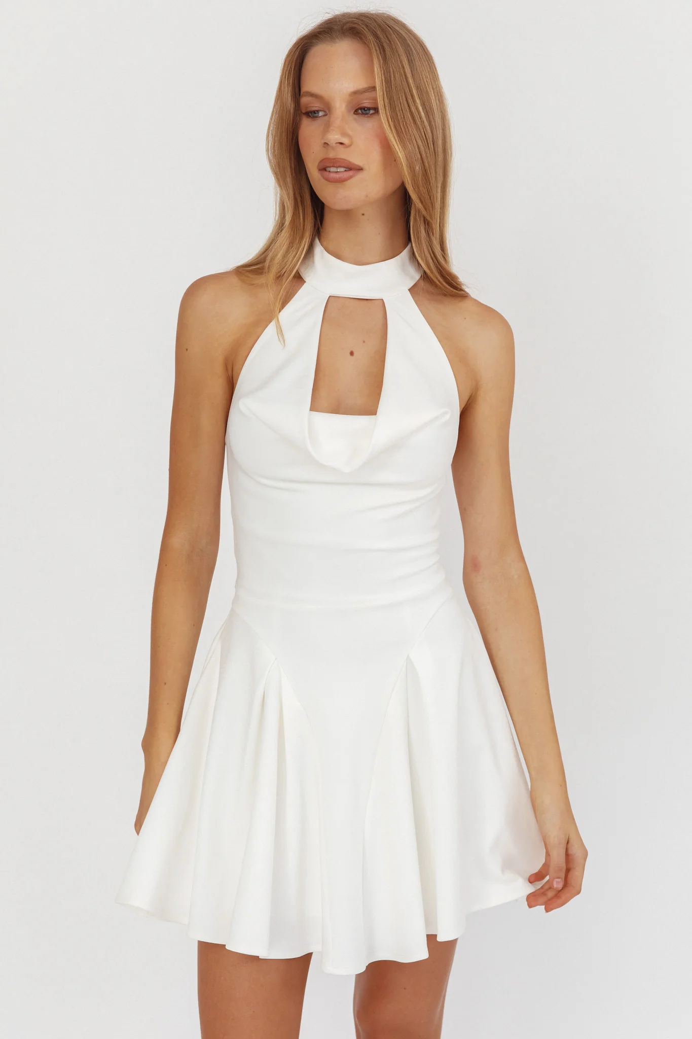 Charlene Cowl Halterneck Mini Dress White