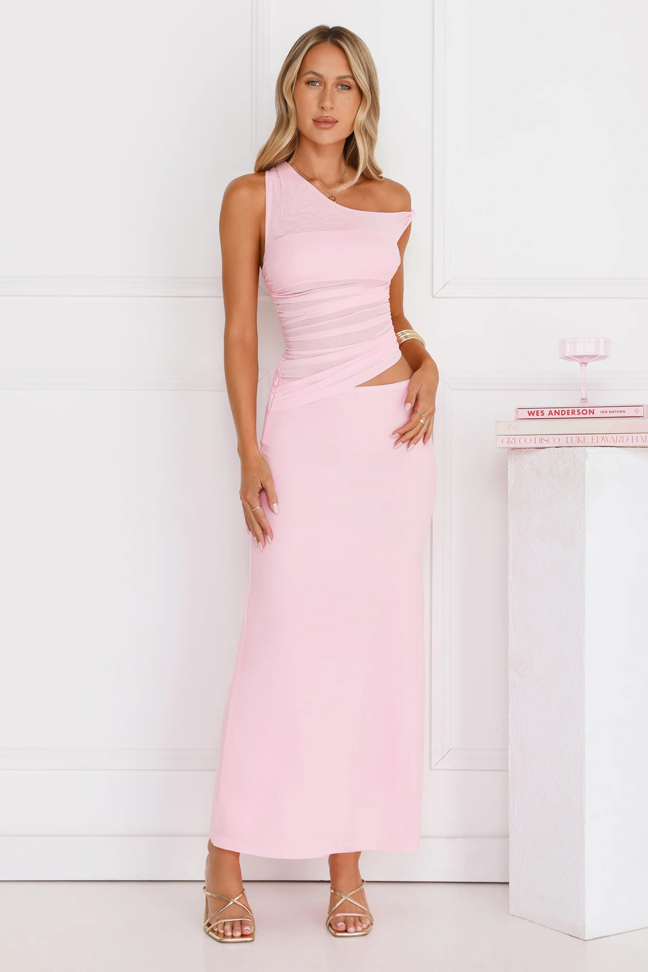 Everyday Pretty Off Shoulder Mesh Maxi Dress Pink