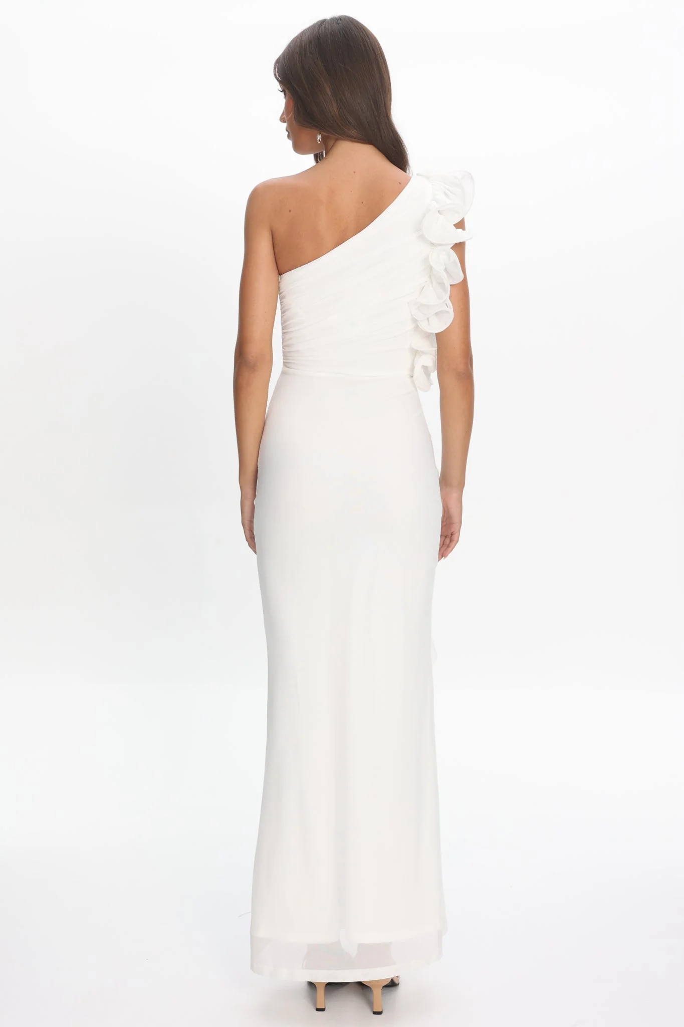 Deanna One-Shoulder Split Ruffle Maxi Dress Off White