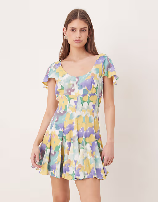 mini tea dress with godet hem in blue floral print