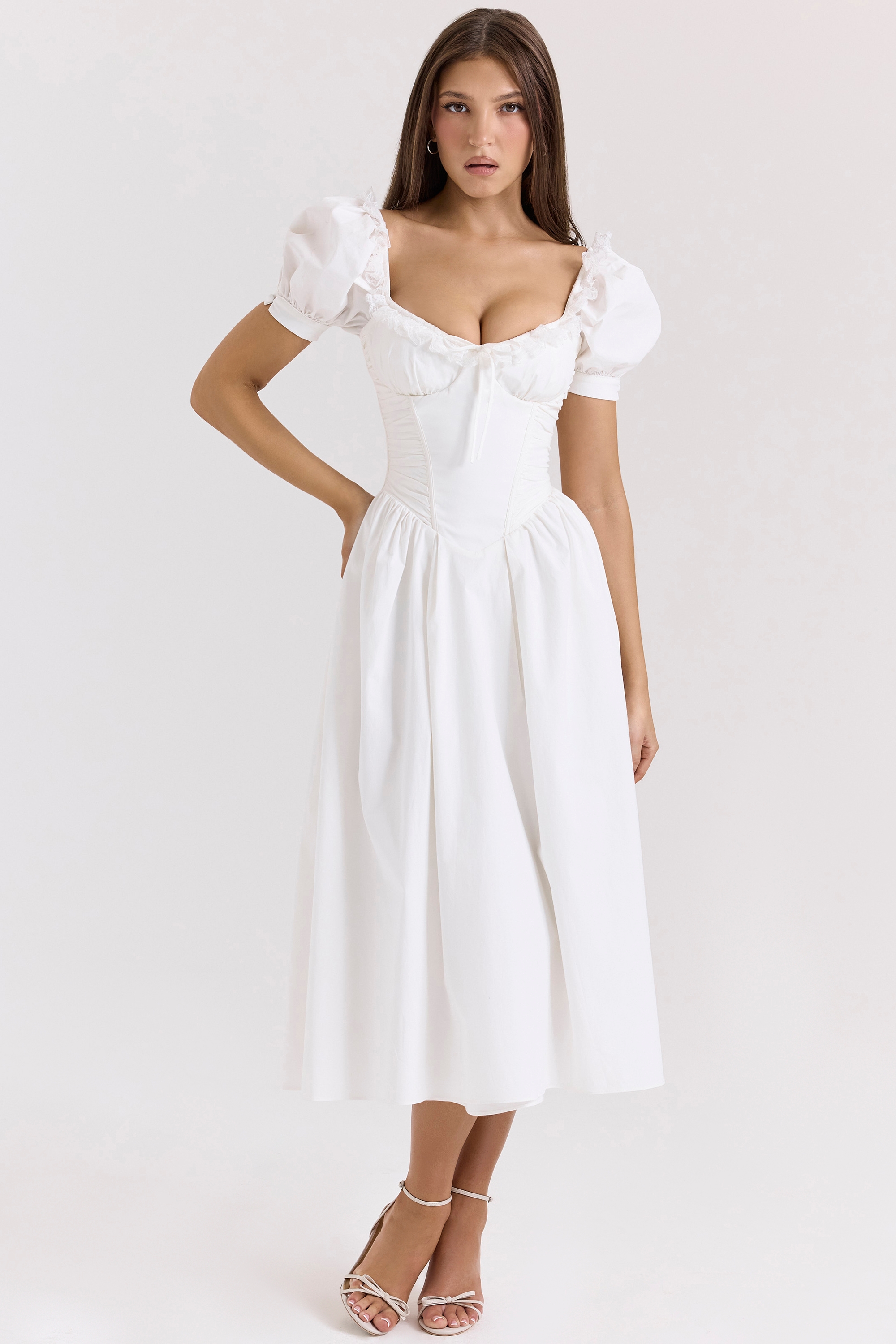 white stretch cotton puff sleeve midi dress