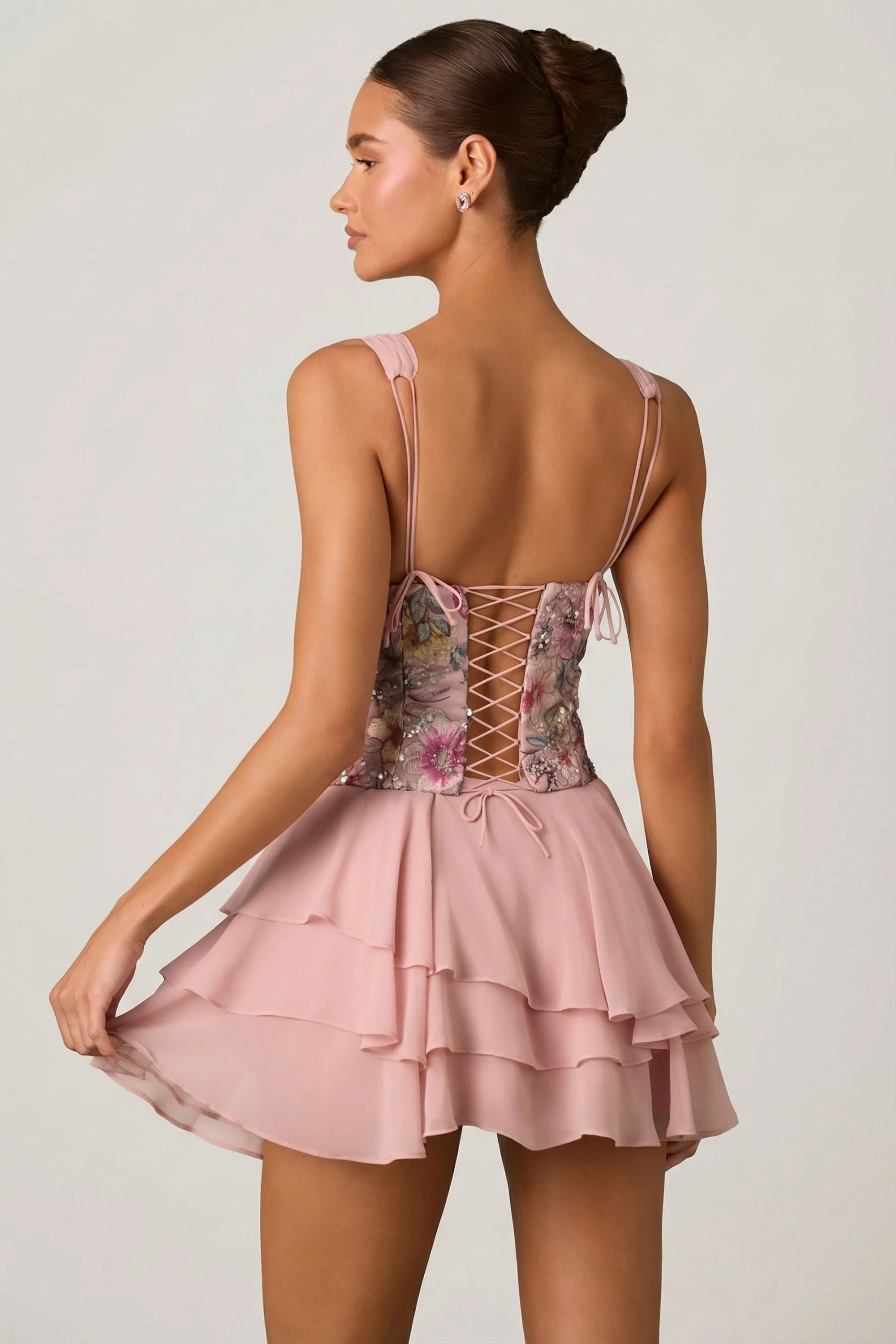 Embellished Ruffled Corset Mini Dress in Floral Pink