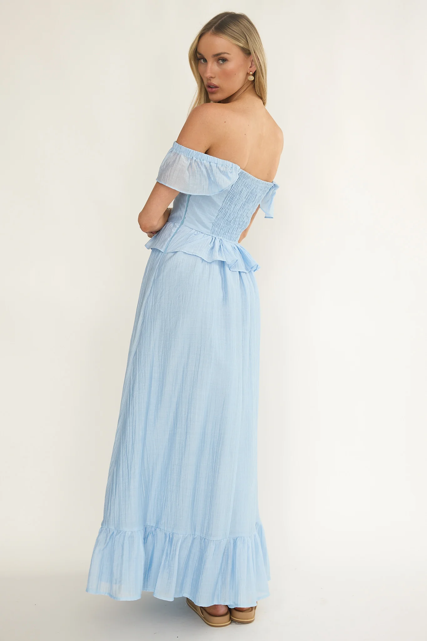 Hanalei Off-Shoulder Tied Bust Maxi Dress Light Blue