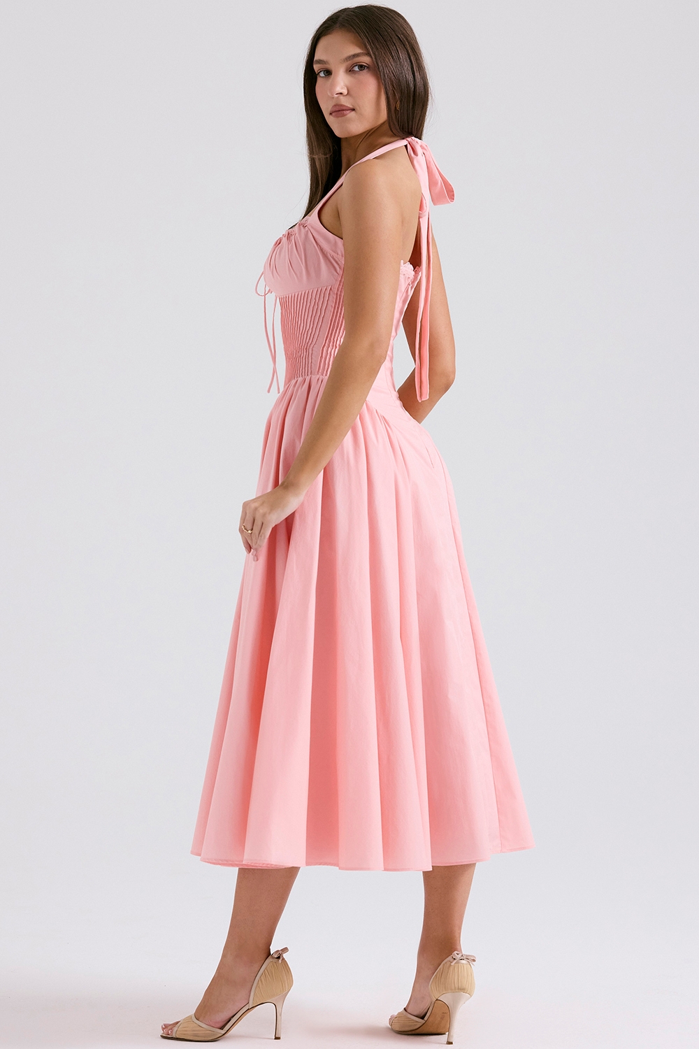 Rose Pink Cotton Halter Midi Sundress