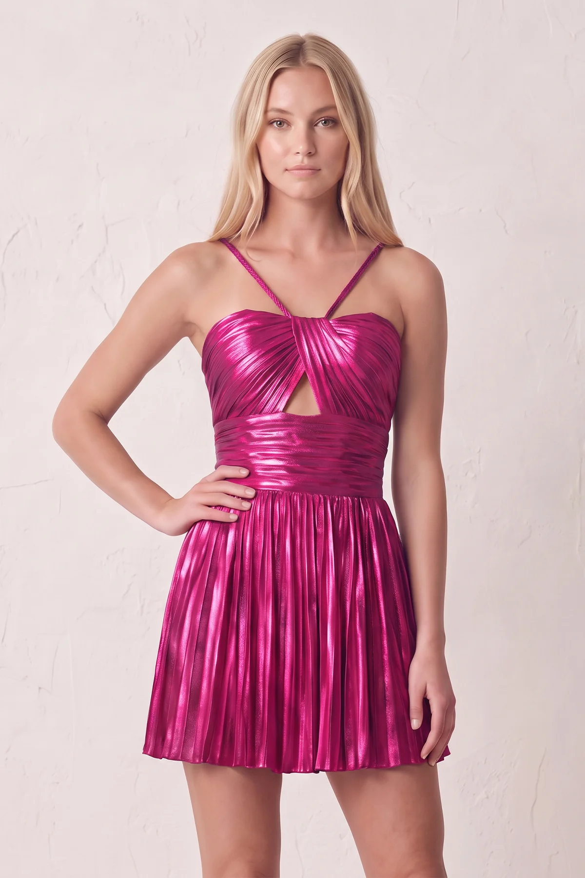Gloden A-Line Metallic Spaghetti Strap Pleated Homecoming Dress