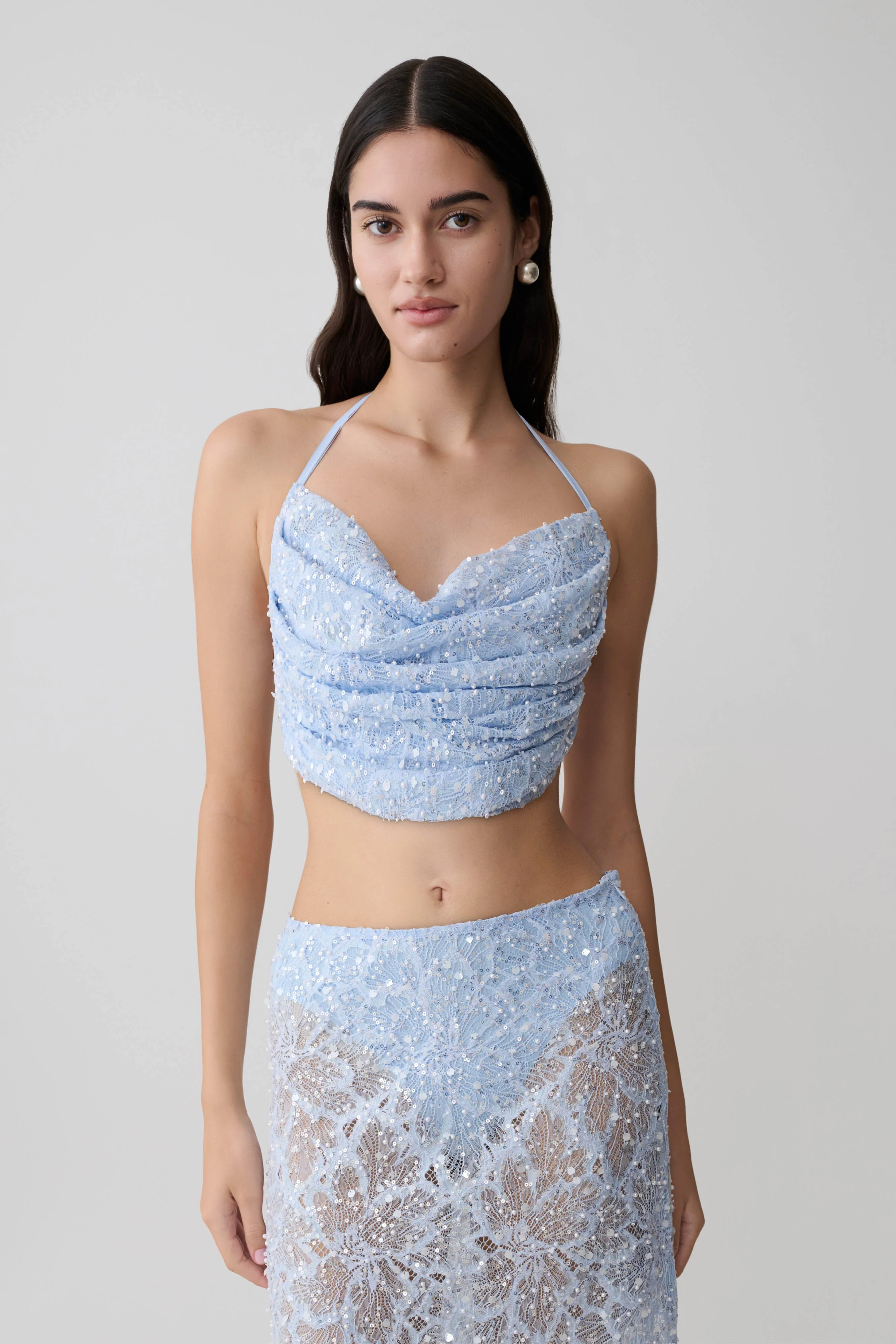 Kiara Pearl Beaded Cowl Crop Top - Powder Blue