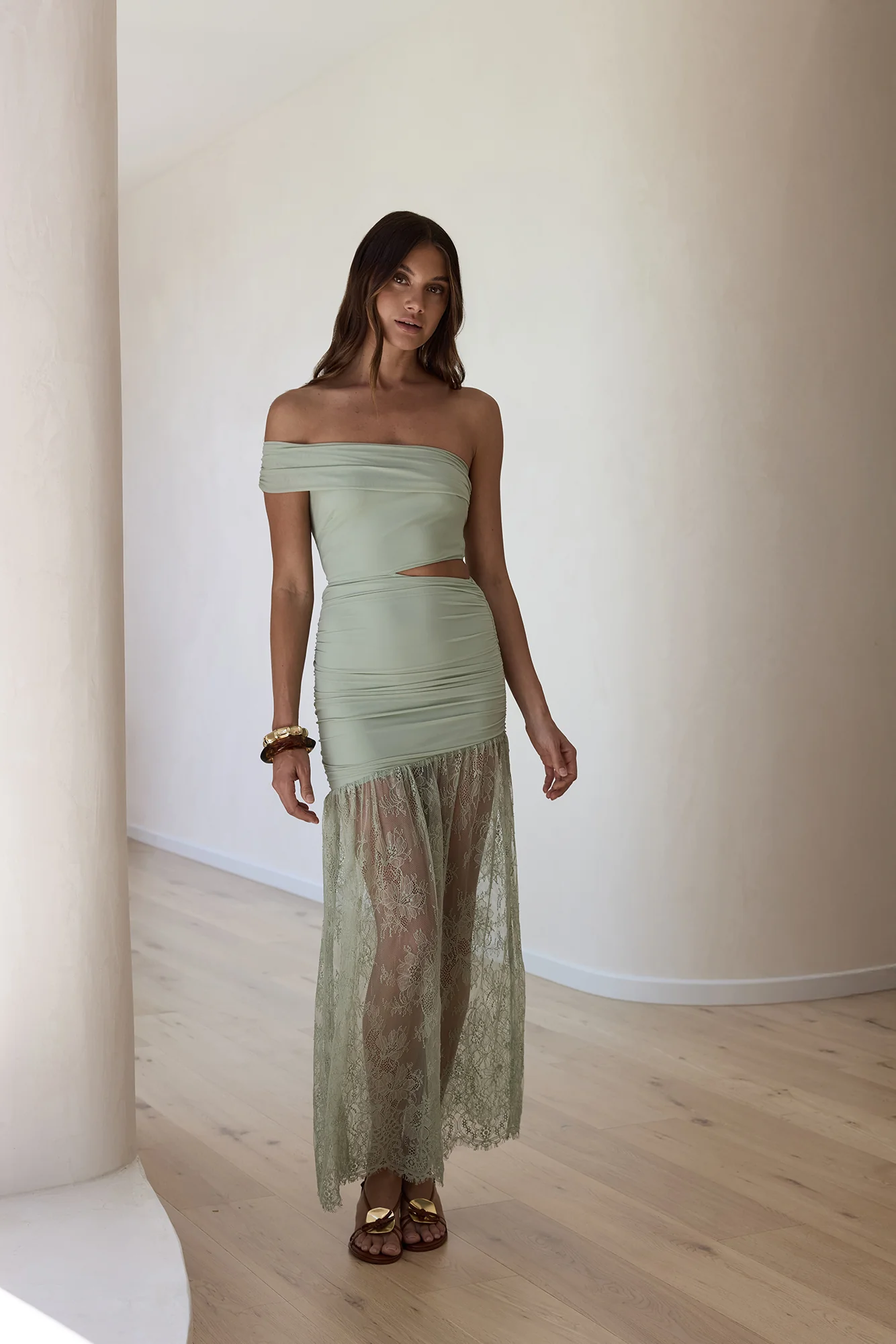 Blossoming Hearts Off Shoulder Lace Maxi Dress Sage