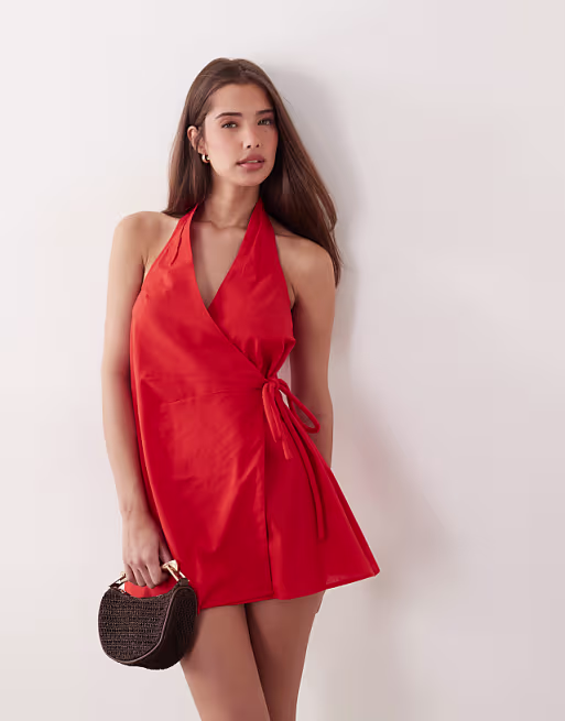 cotton-linen blend halter neck wrap mini sundress in red