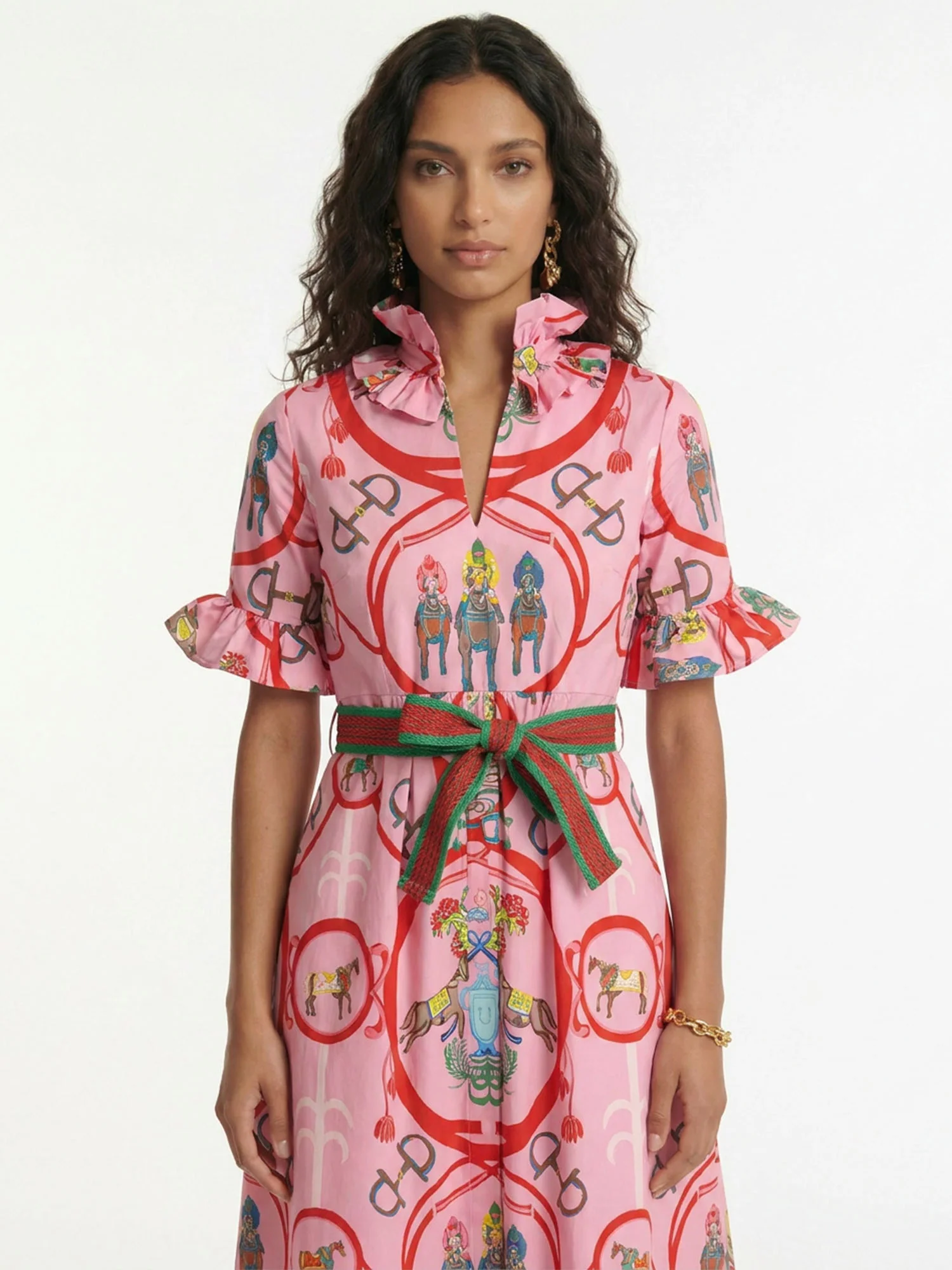 Vibrant Pink Equestrian Print Midi Dress