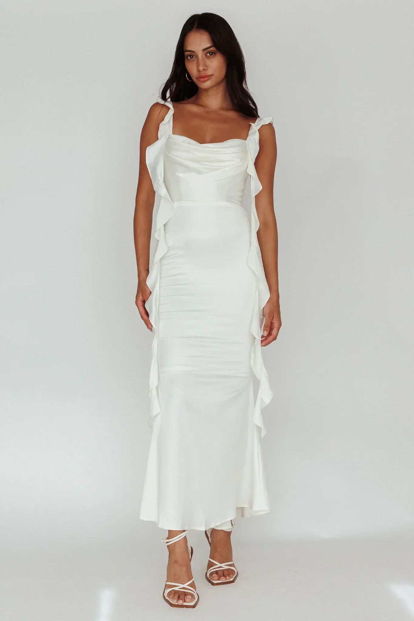 Blushing Ruffle Trim Midi Dress Oyster