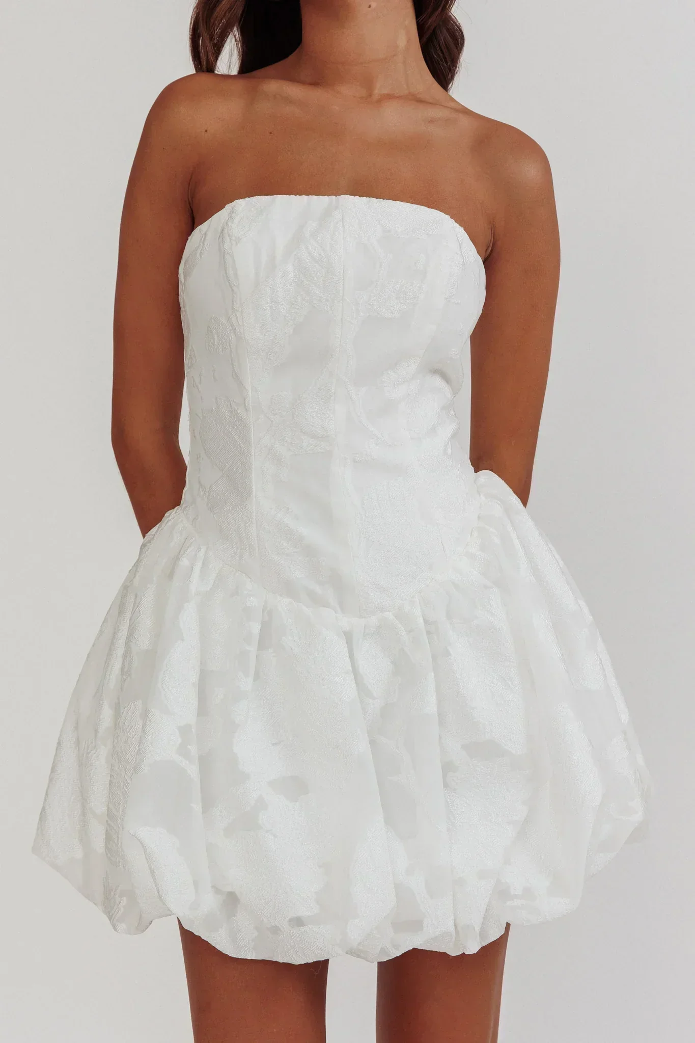 Monti Strapless Bubble Hem Mini Dress Embroidered White