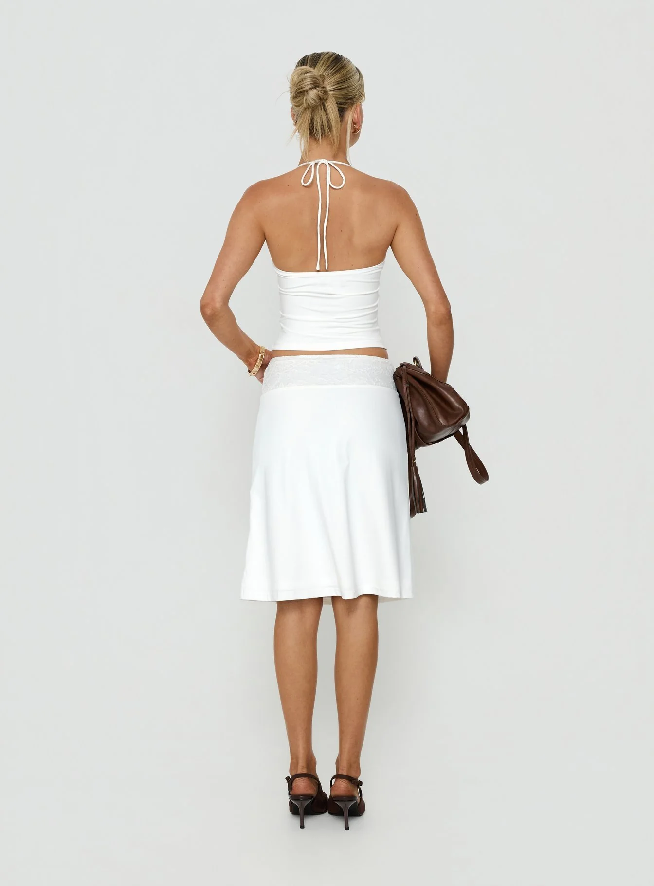 Zenaide Lace Detail Midi Skirt White