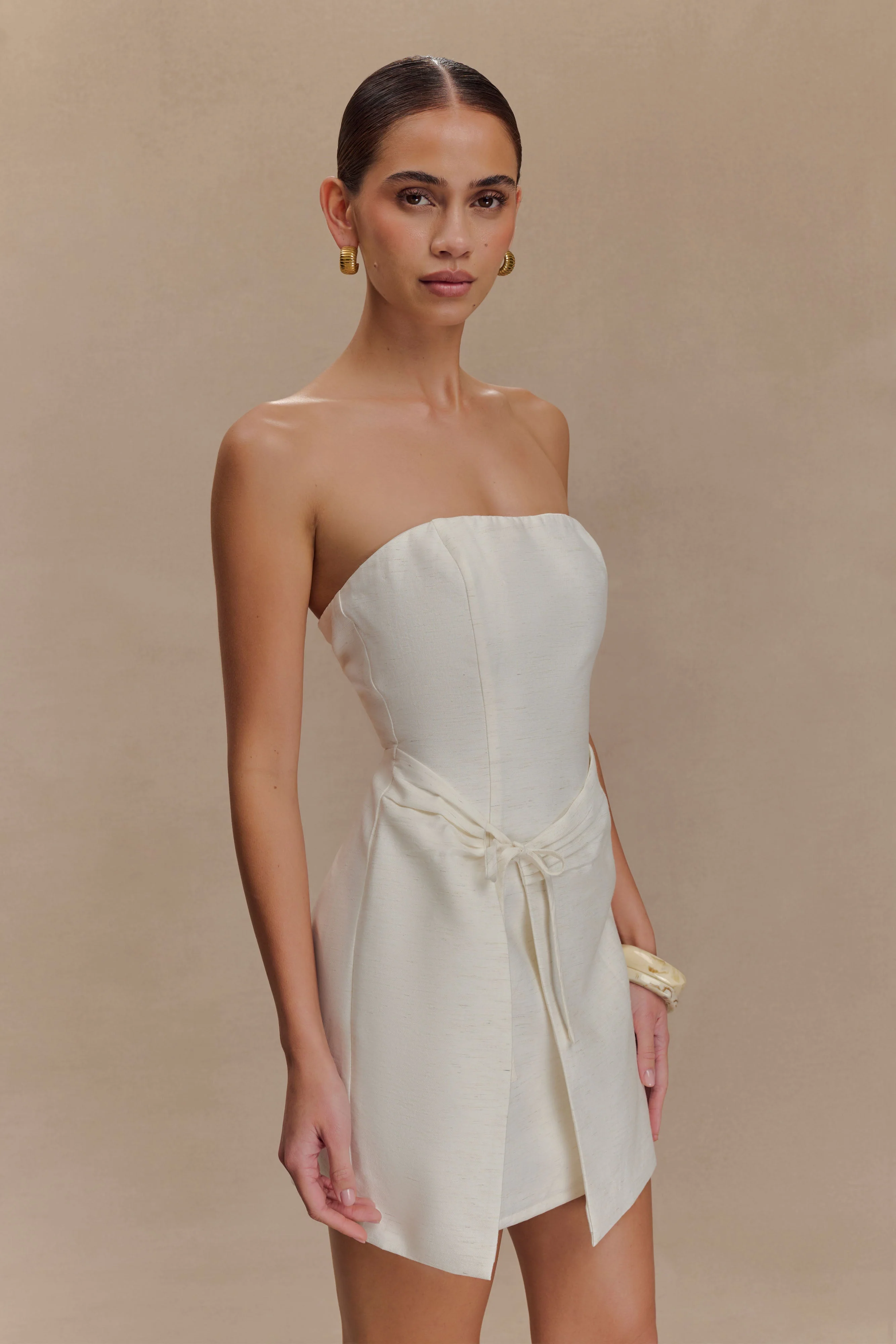 Steph Strapless Linen Mini Dress - White