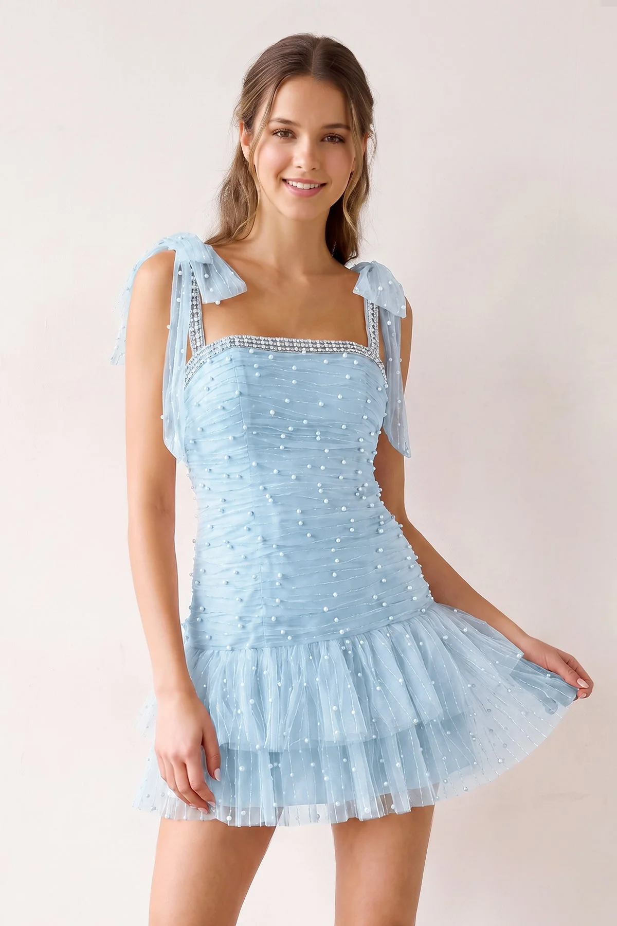 Pink Square Neck A-Line Ruffled Tulle Homecoming Dress with Pearl