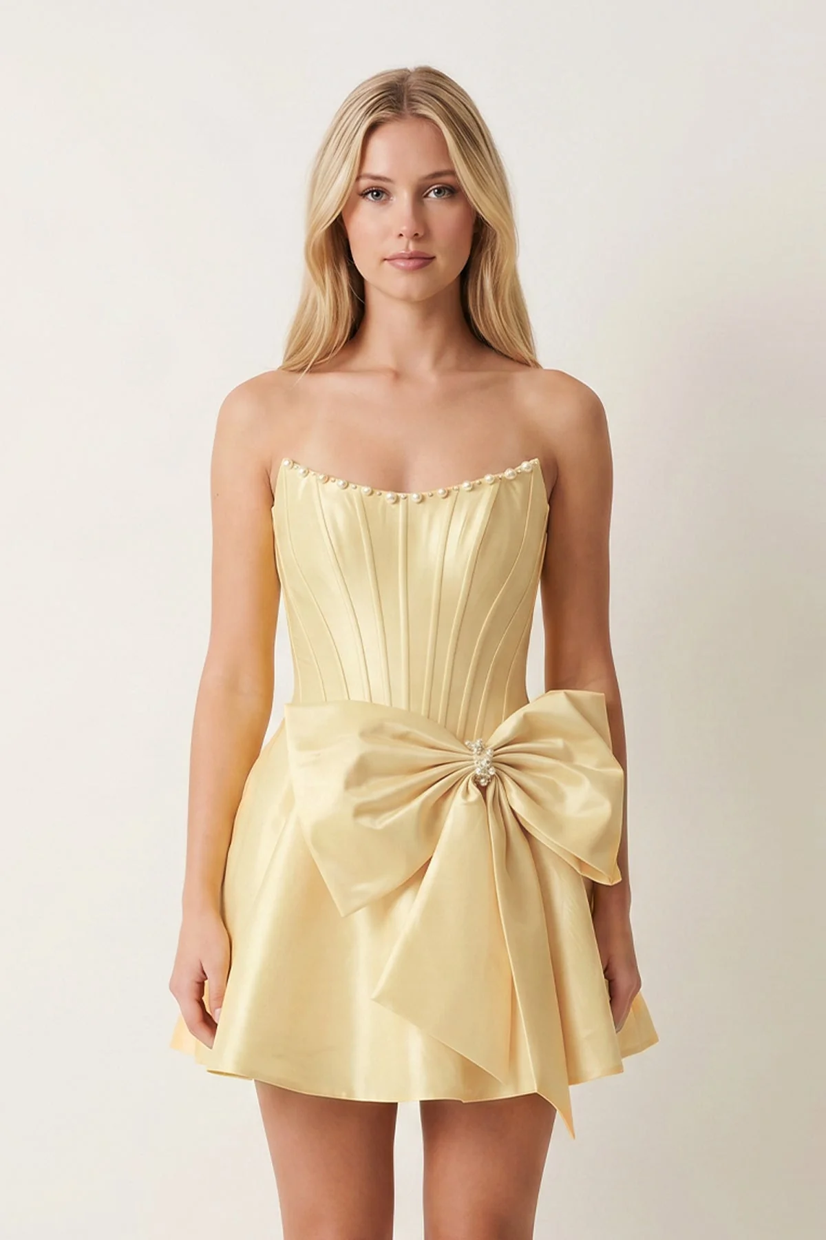 Yellow Satin Strapless A-Line Corset Pearl Homecoming Dress With Bowknot