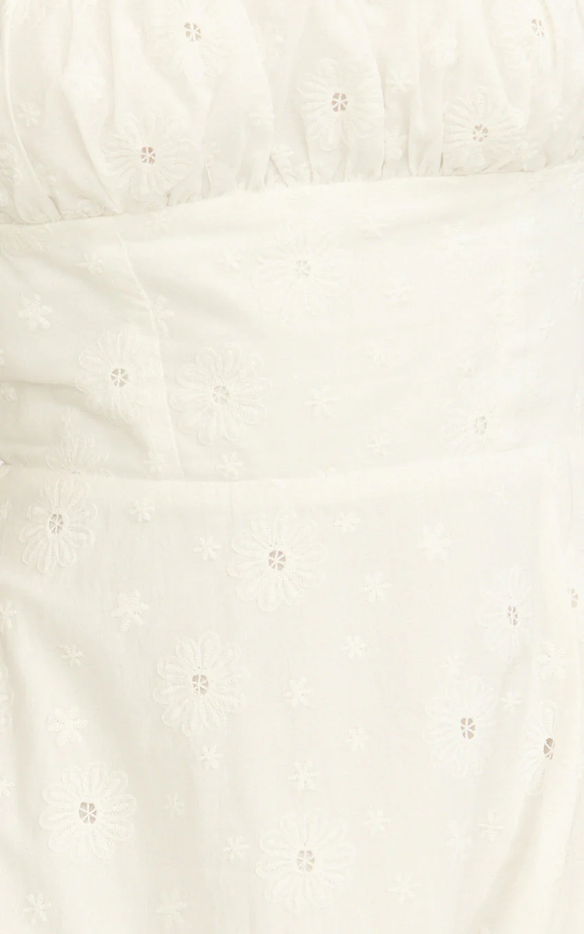 Lyra Midi Dress - Broderie Ruched Bust Halter Neck Dress in White - luluinthesky