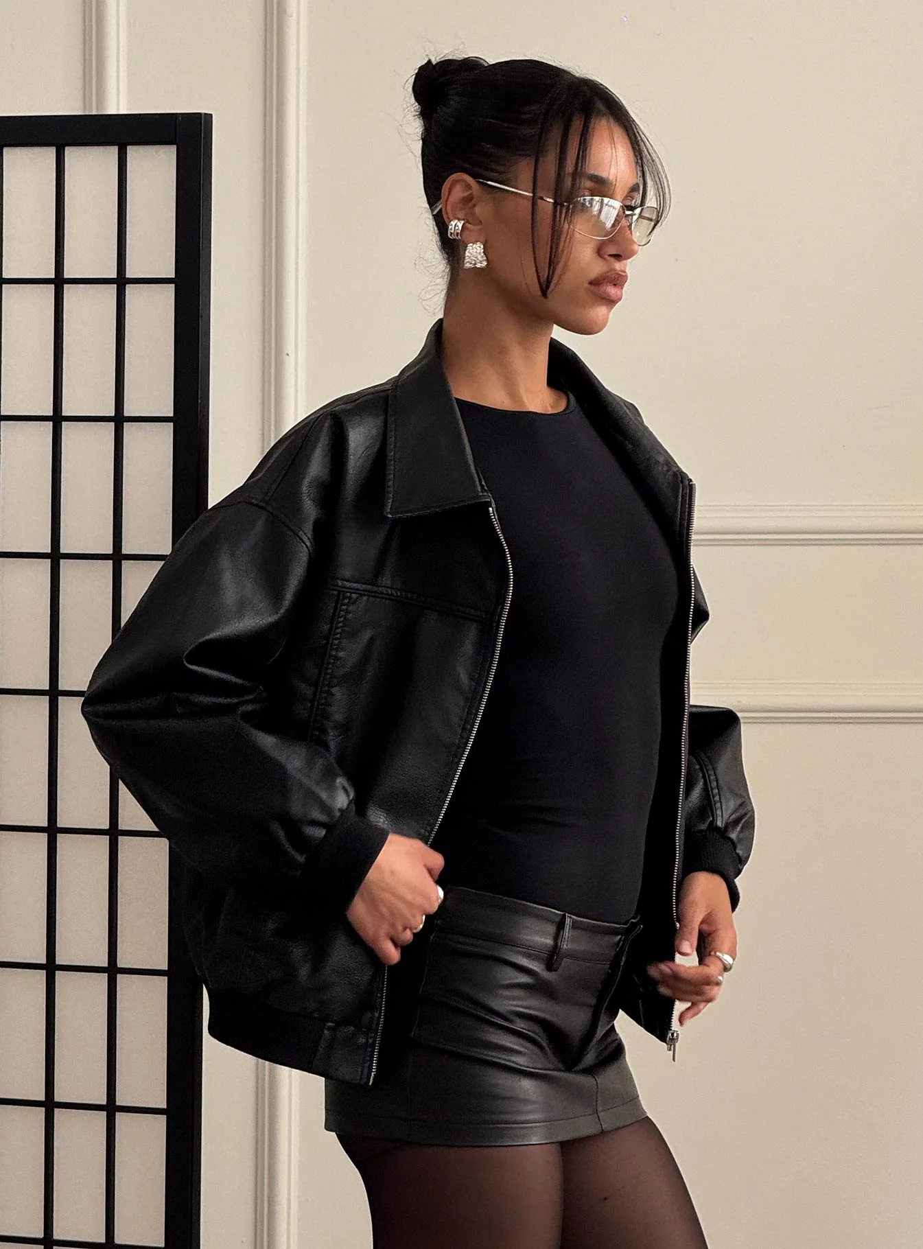 Goldsmith Faux Leather Bomber Jacket Black