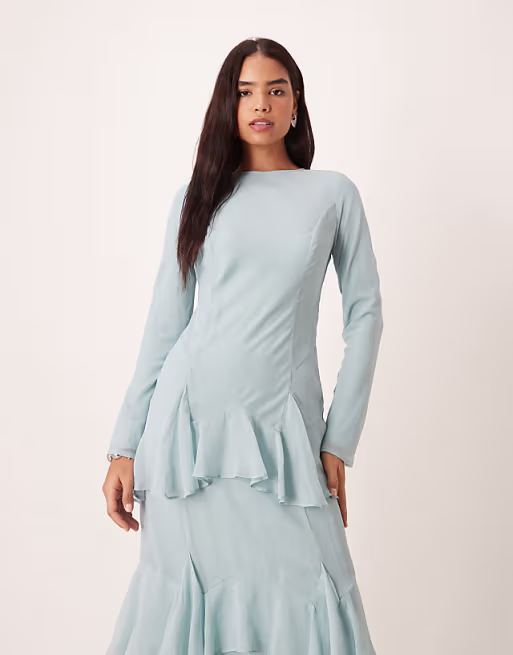 long sleeve ruffle chiffon maxi dress in dusky blue