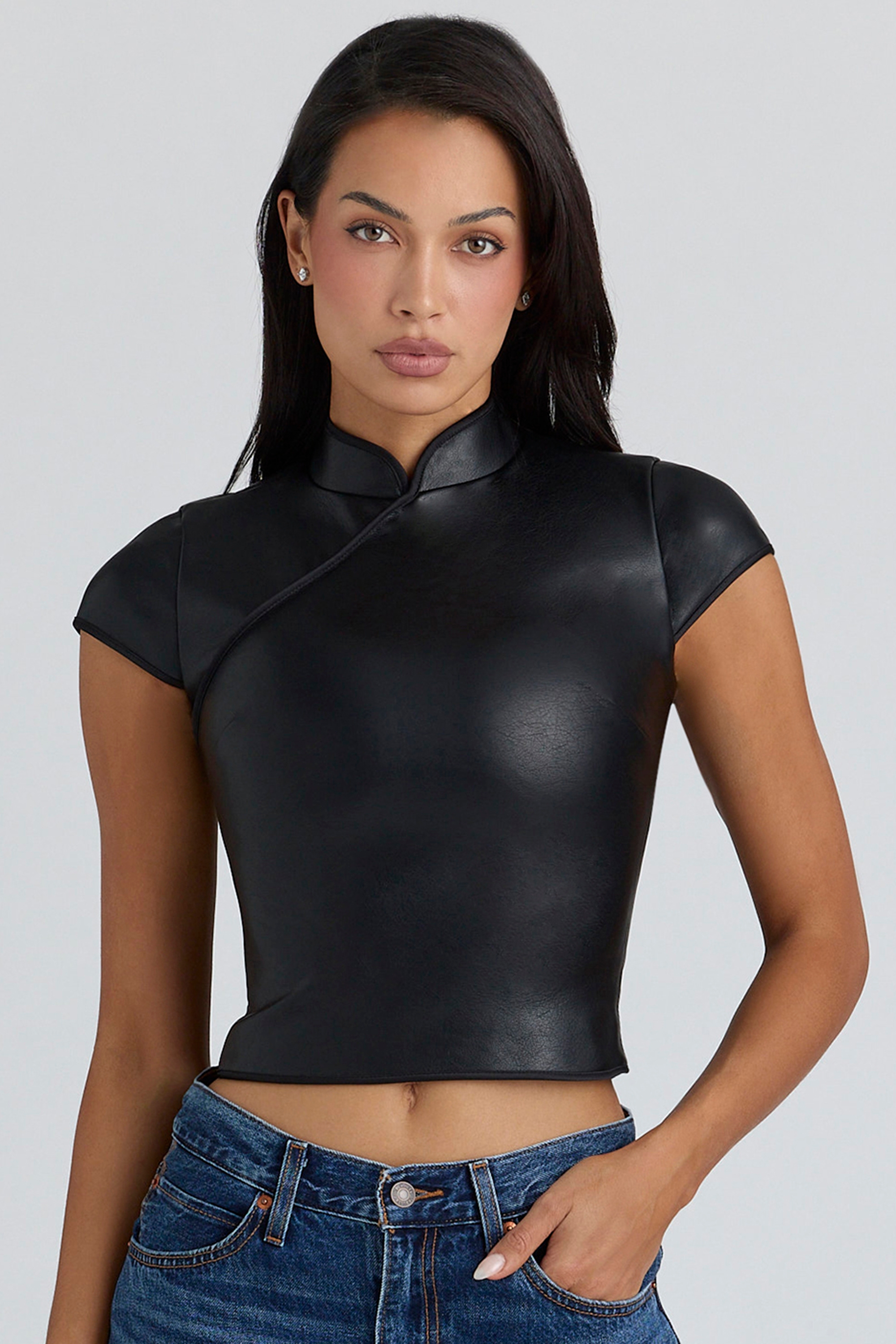 black vegan leather mandarin collar top